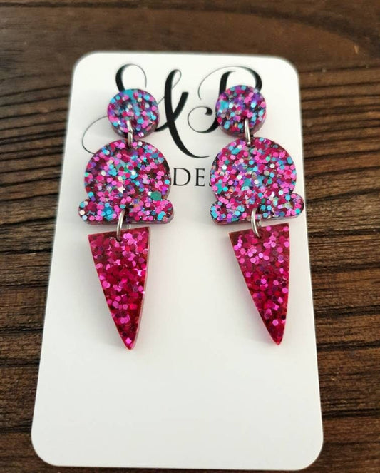 Ice Cream Earrings, Hot Pink Holographic Dangle Earrings, Pink, Blue and Silver Holographic Glitter Ice Cream Earrings, Statement Food Earri