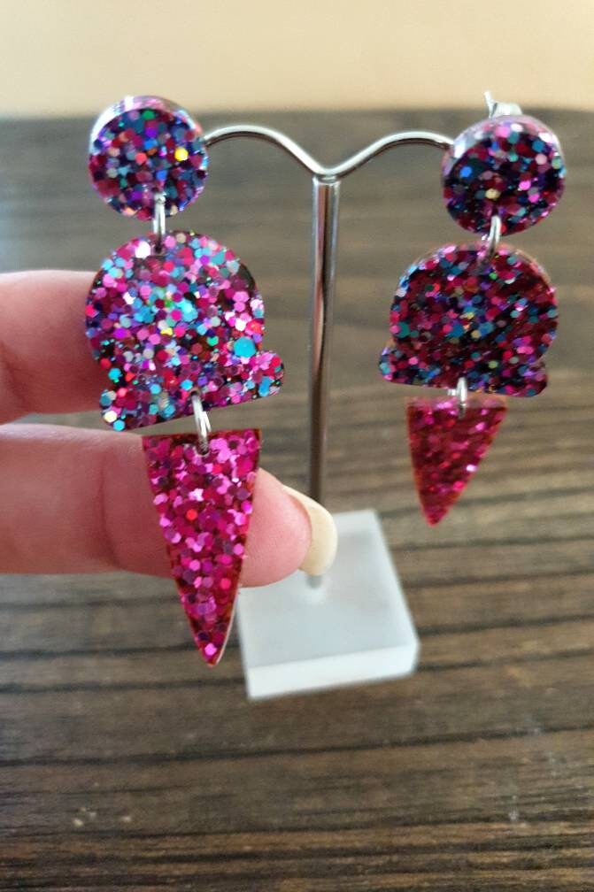 Ice Cream Earrings, Hot Pink Holographic Dangle Earrings, Pink, Blue and Silver Holographic Glitter Ice Cream Earrings, Statement Food Earri