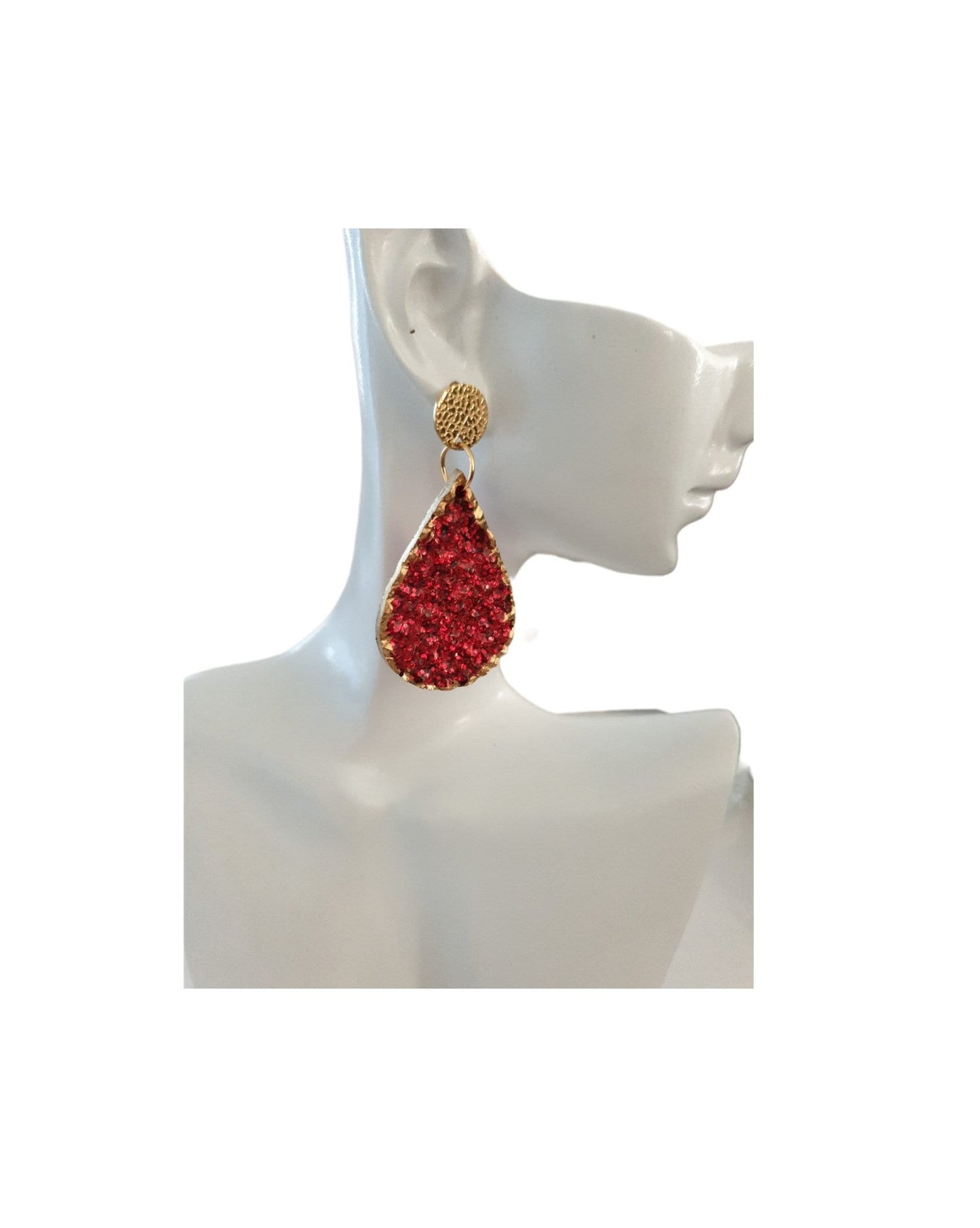 Red Teardrops Resin Long Gold Earrings, Gold with Red Glitter Resin Earrings, Stainless Steel Earrings, Statement Earrings