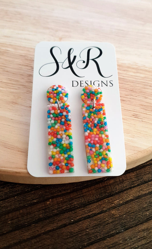 Rectangle Bar Earrings, Multi Colour Resin Dangles, 100s and 1000s Real Candy, Statement Earrings