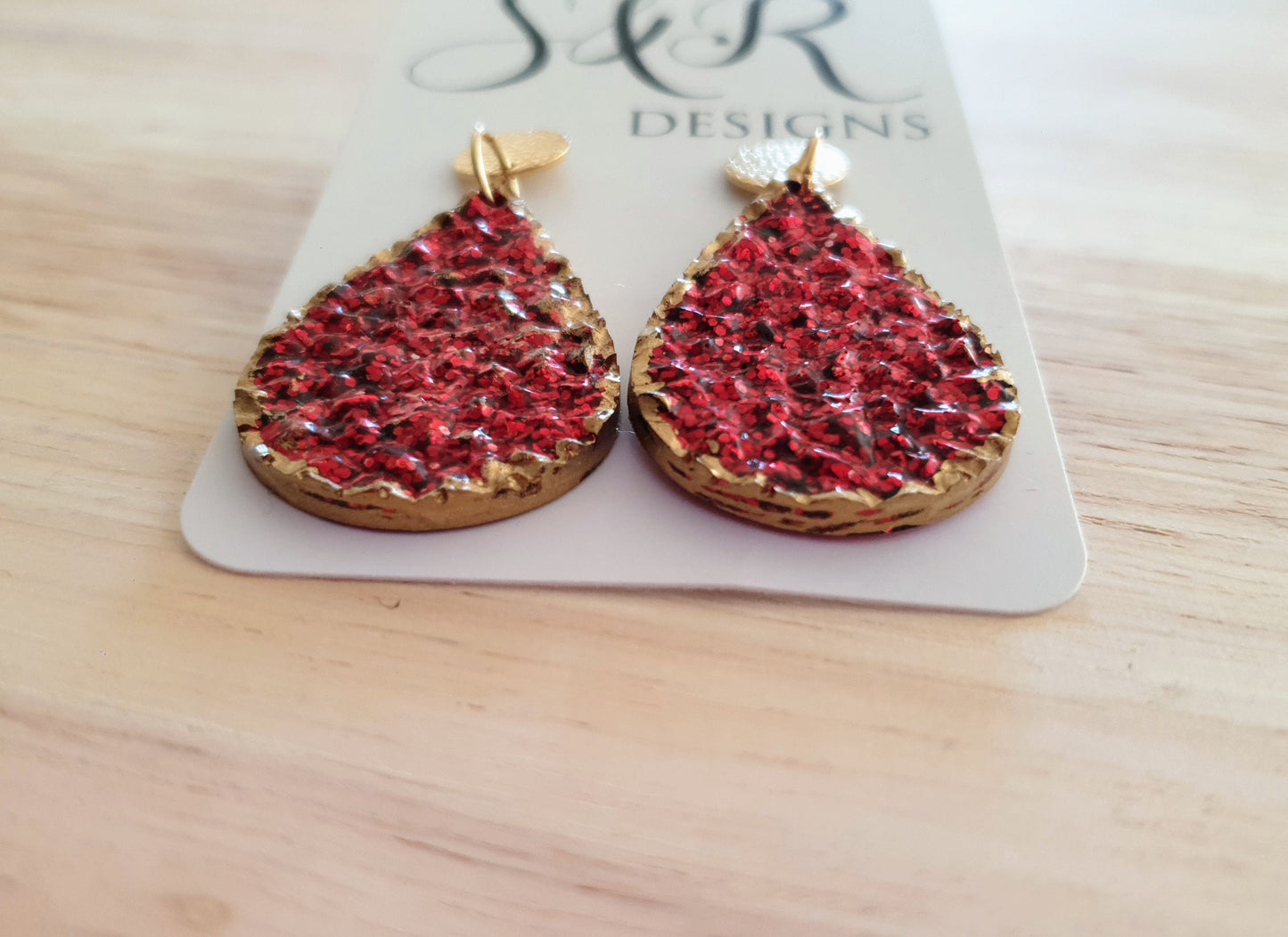 Red Teardrops Resin Long Gold Earrings, Gold with Red Glitter Resin Earrings, Stainless Steel Earrings, Statement Earrings