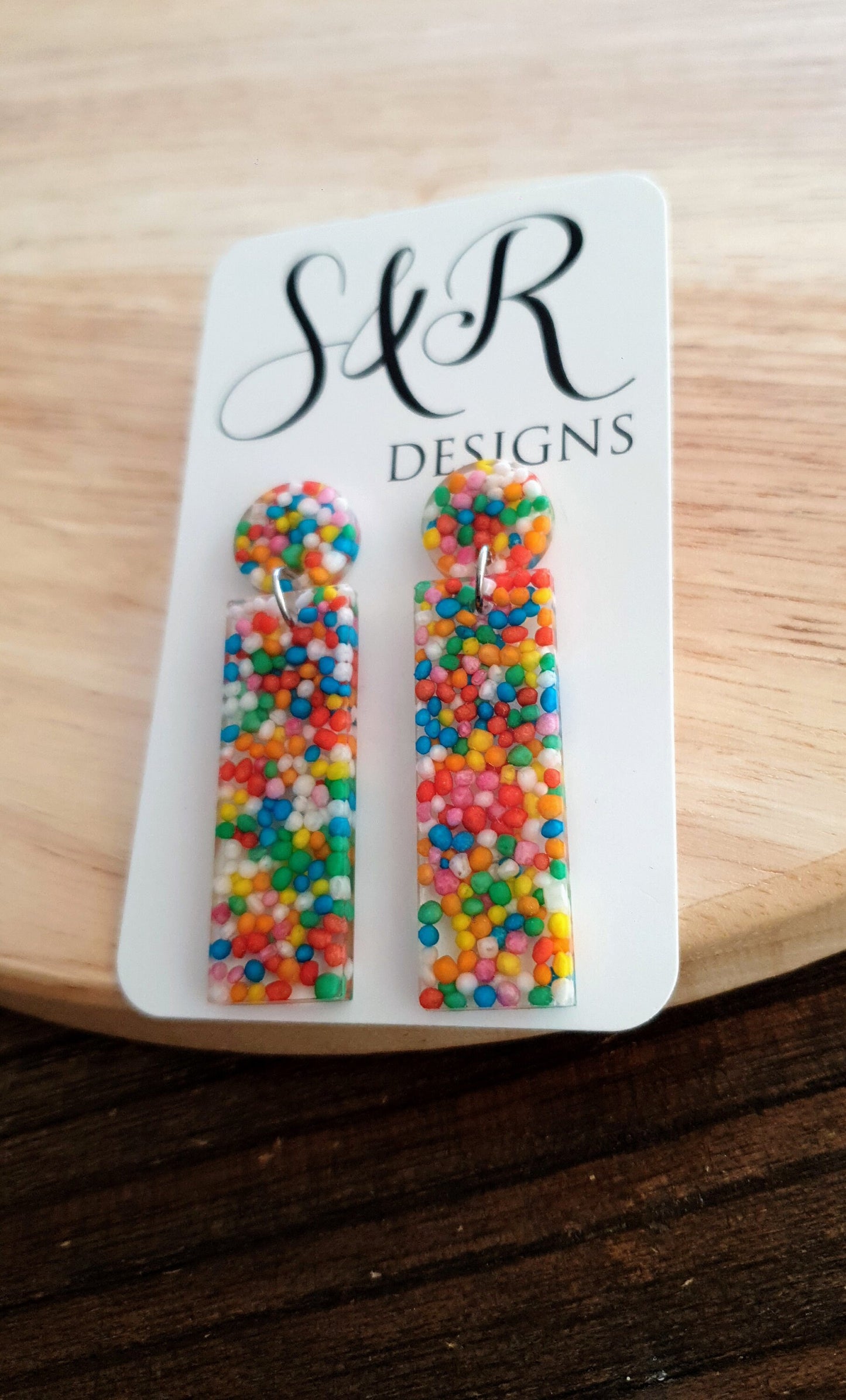 Rectangle Bar Earrings, Multi Colour Resin Dangles, 100s and 1000s Real Candy, Statement Earrings