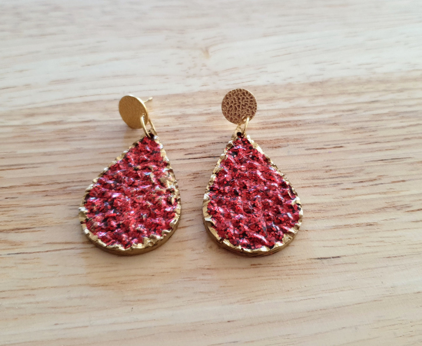 Red Teardrops Resin Long Gold Earrings, Gold with Red Glitter Resin Earrings, Stainless Steel Earrings, Statement Earrings