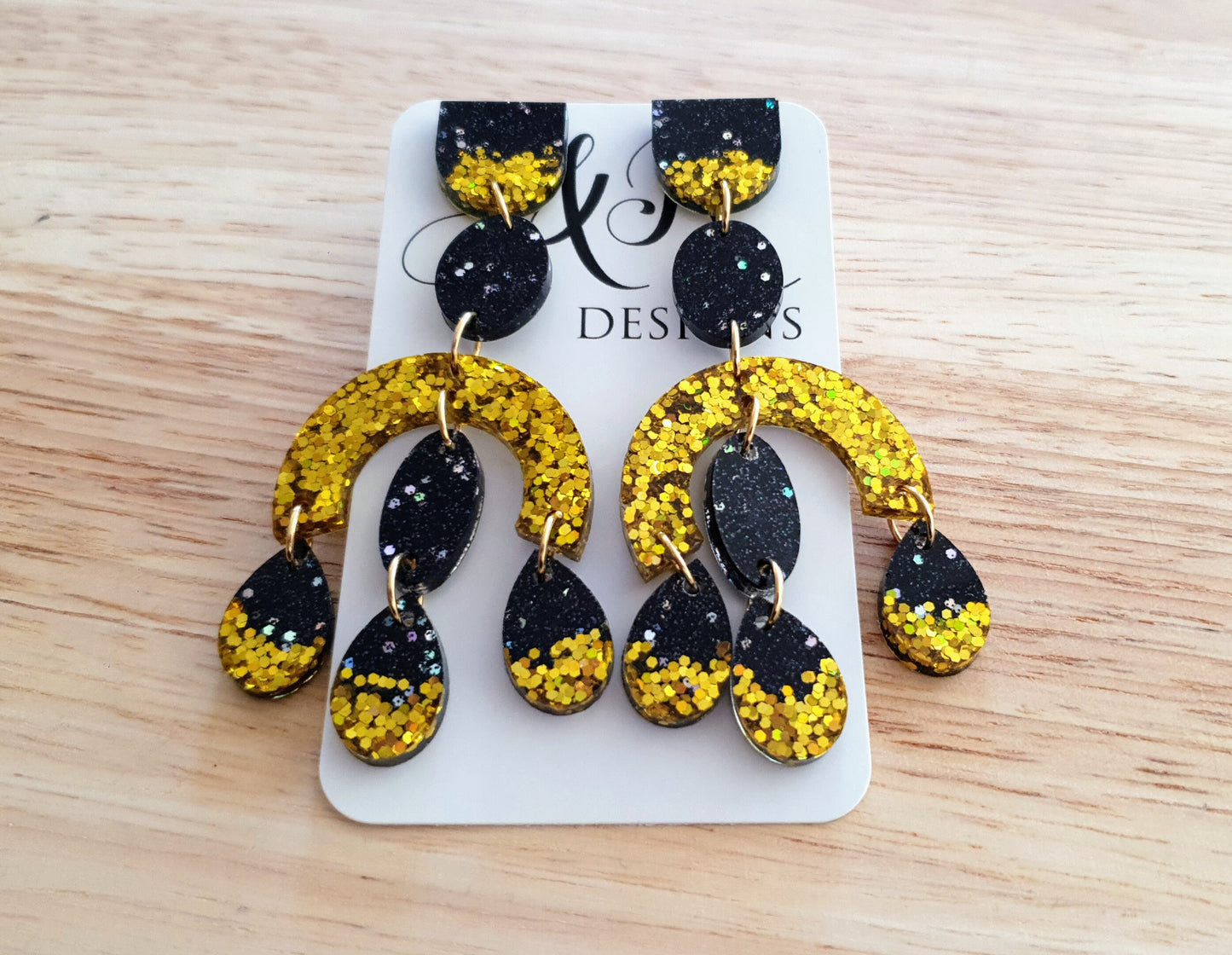 Large Oversized Gold Glitter Black Chandelier Dangle Earrings, Glitter Dangles, Statement Long Earrings
