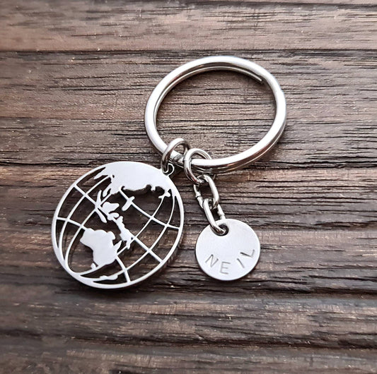 Globe Keyring Personalised Hand Stamped, Stainless Steel Charm Key Ring, Fathers Day Gift, Journey Gift, Adventurer Gift