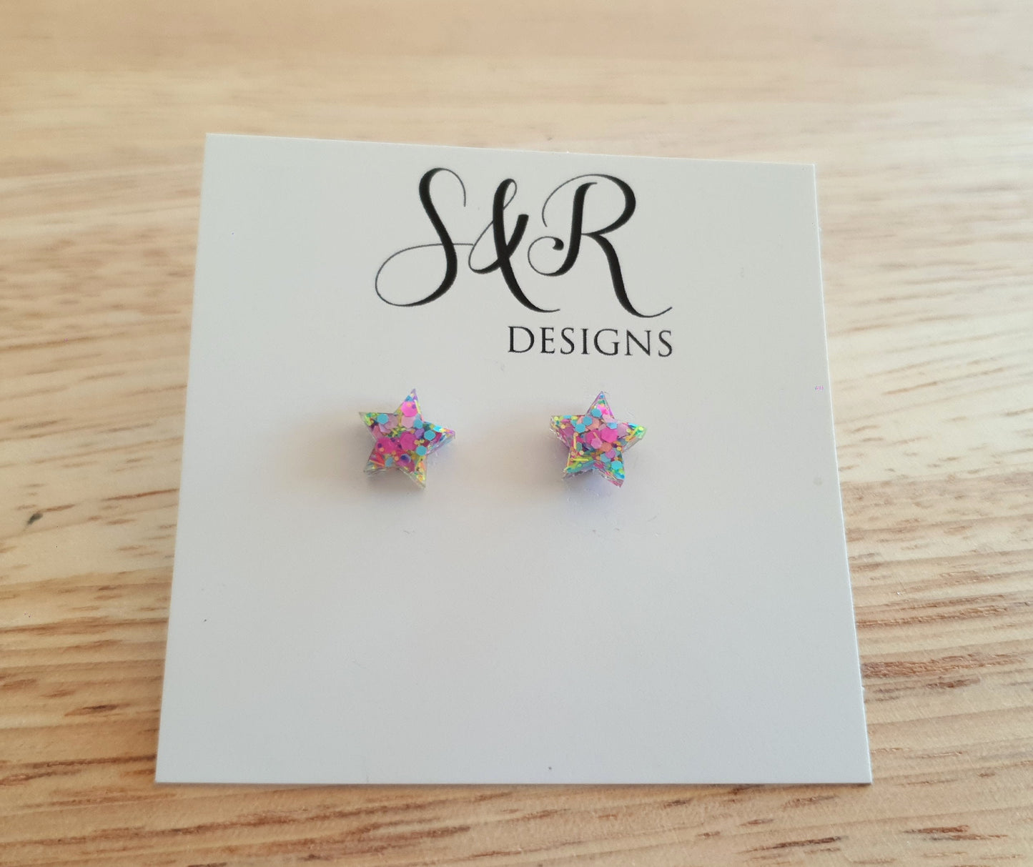 Pastel Multicoloured Star Resin Stud Earrings, Pastel Pink, Blue, Green and Yellow Mix Glitter. Stainless Steel Minimalist Stud Earrings.