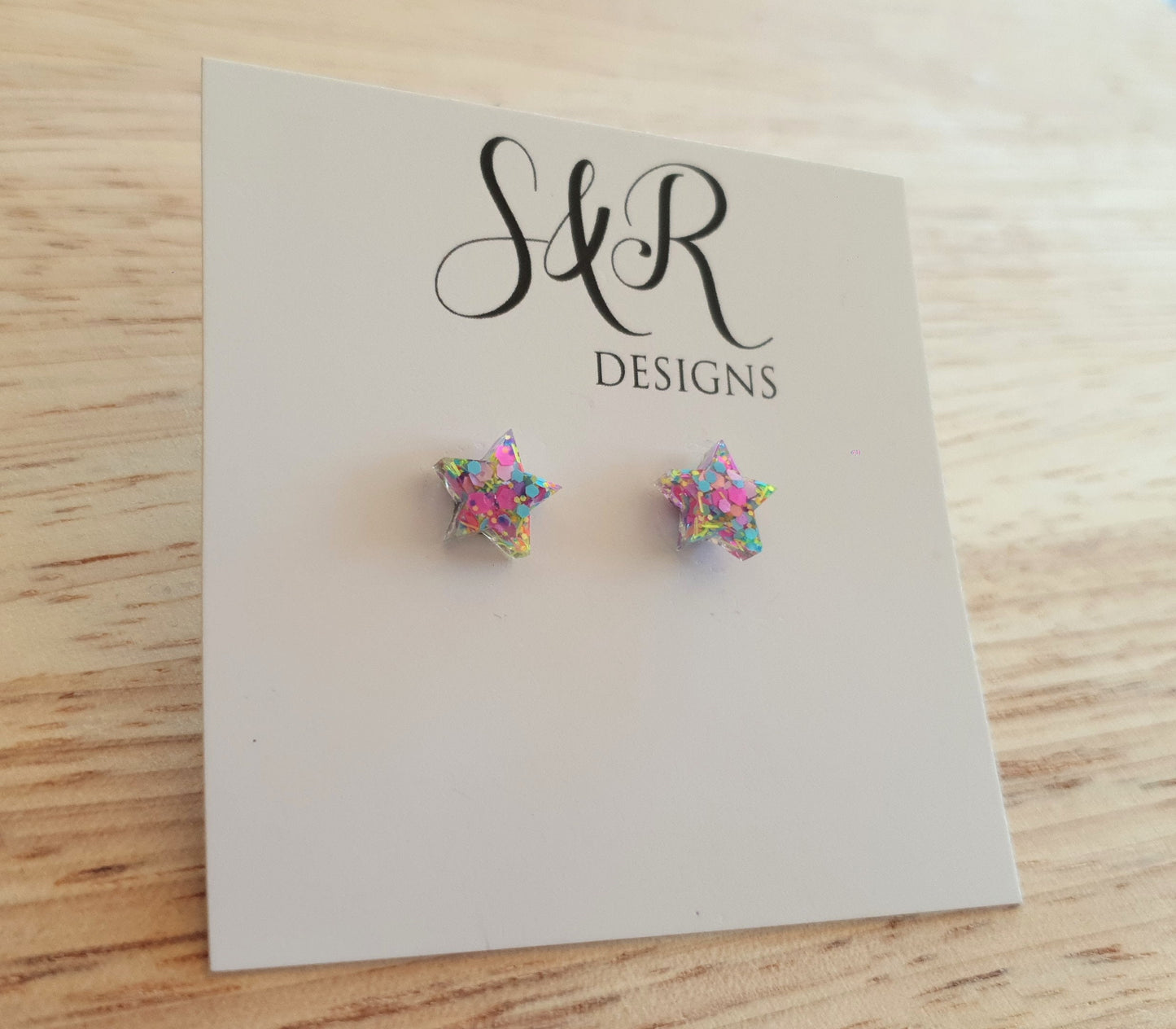 Pastel Multicoloured Star Resin Stud Earrings, Pastel Pink, Blue, Green and Yellow Mix Glitter. Stainless Steel Minimalist Stud Earrings.