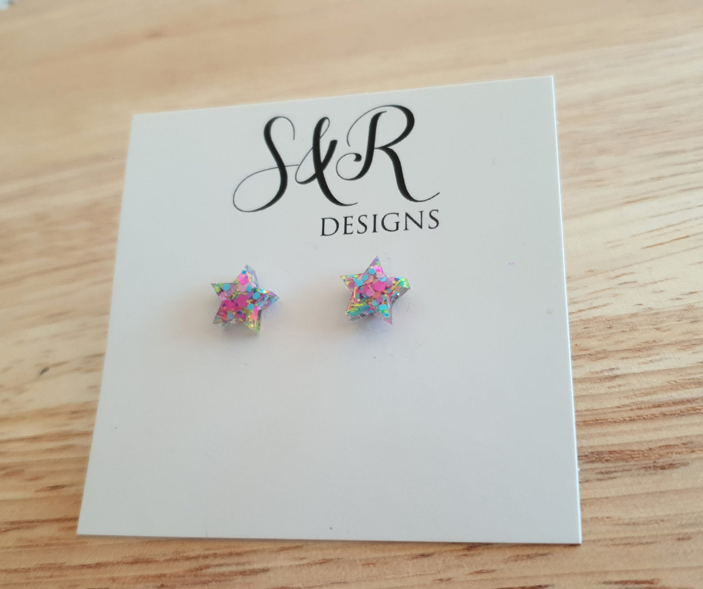 Pastel Multicoloured Star Resin Stud Earrings, Pastel Pink, Blue, Green and Yellow Mix Glitter. Stainless Steel Minimalist Stud Earrings.