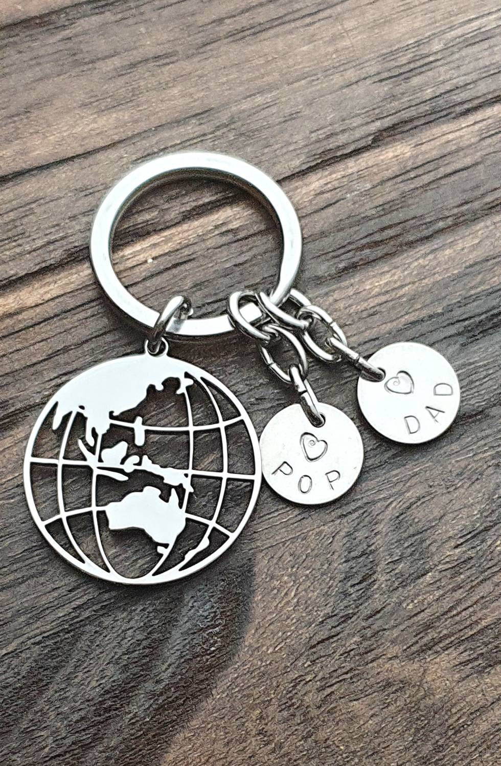 Globe Keyring Personalised Hand Stamped, Stainless Steel Charm Key Ring, Fathers Day Gift, Journey Gift, Adventurer Gift
