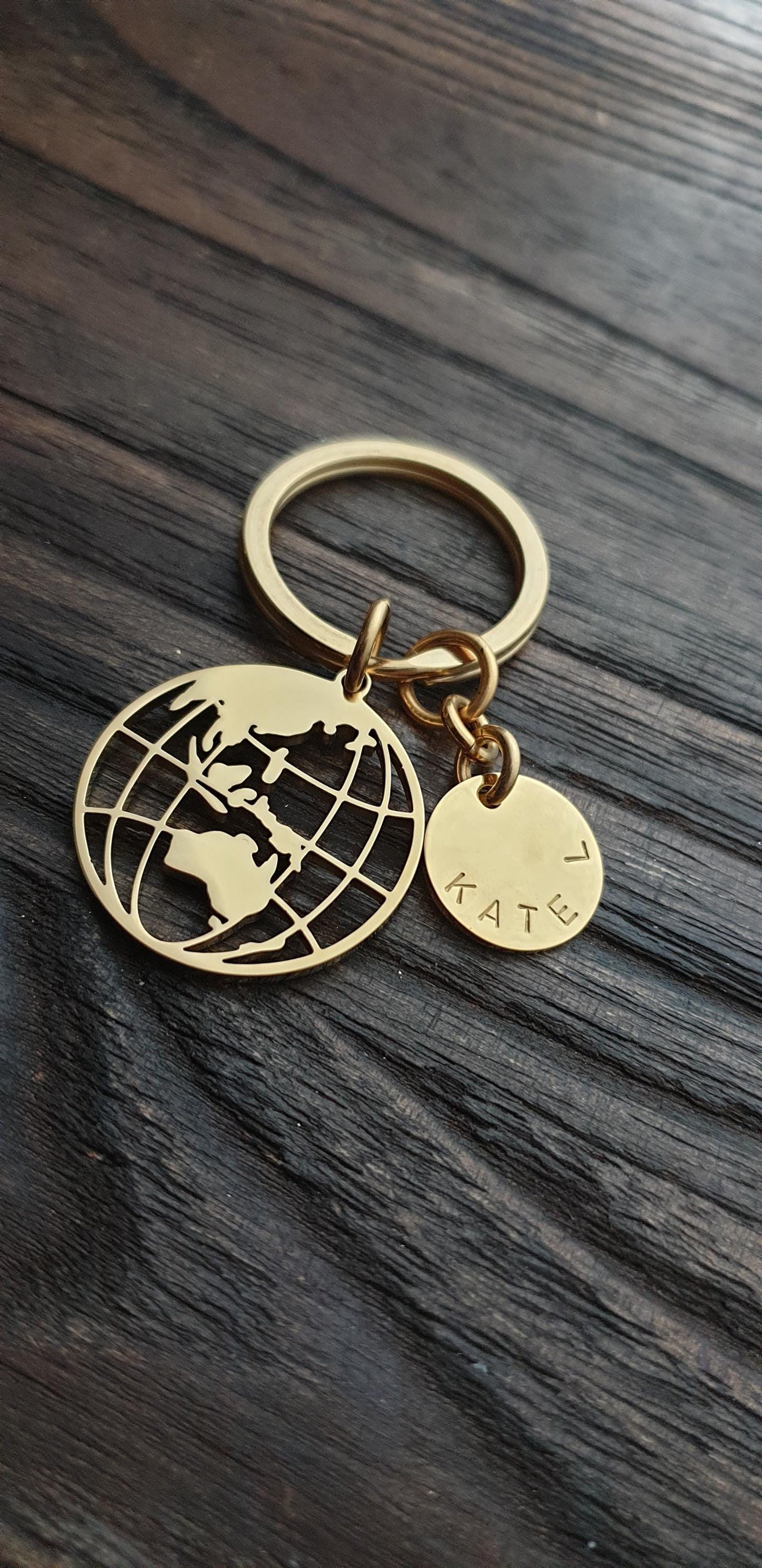 Globe Keyring Personalised Hand Stamped, Stainless Steel Charm Key Ring, Fathers Day Gift, Journey Gift, Adventurer Gift