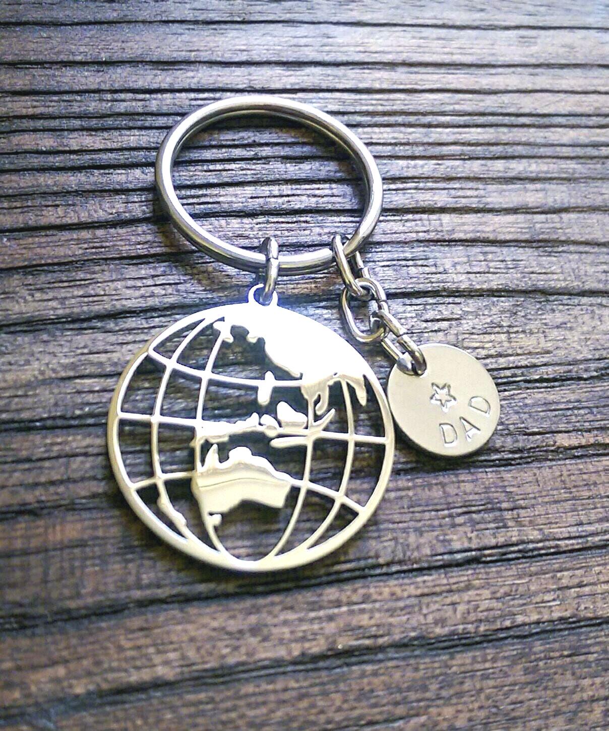 Globe Keyring Personalised Hand Stamped, Stainless Steel Charm Key Ring, Fathers Day Gift, Journey Gift, Adventurer Gift