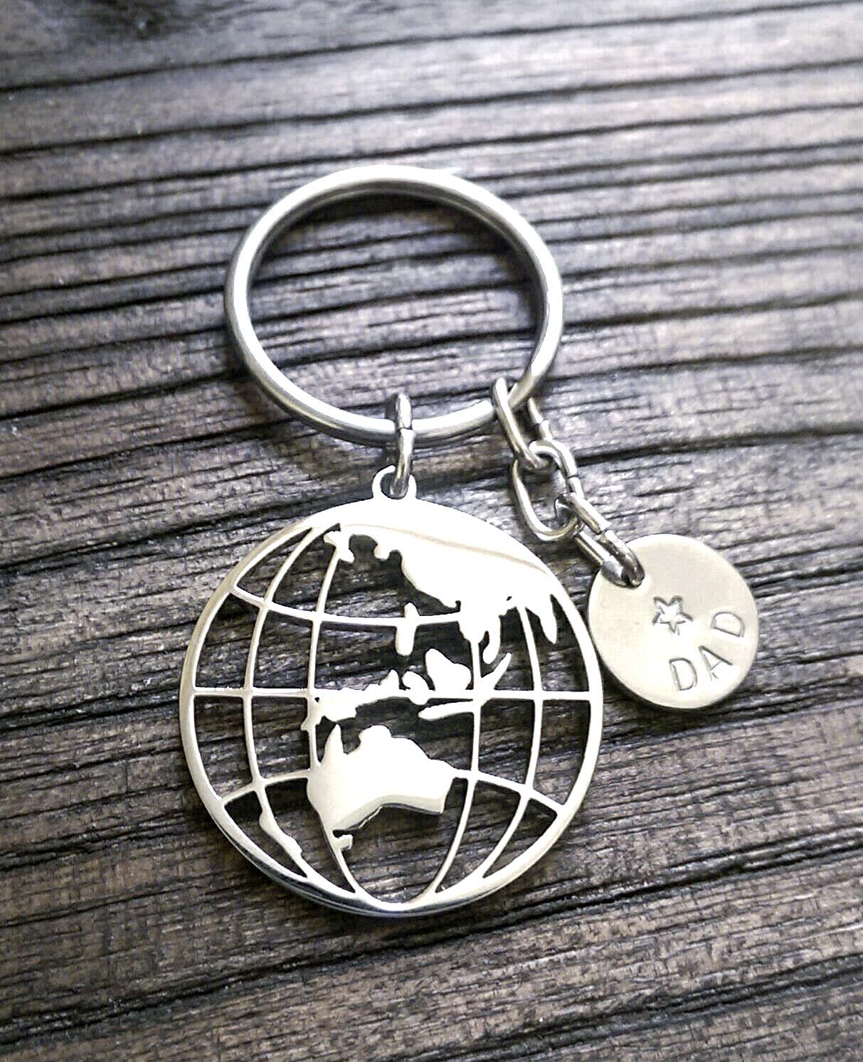 Globe Keyring Personalised Hand Stamped, Stainless Steel Charm Key Ring, Fathers Day Gift, Journey Gift, Adventurer Gift