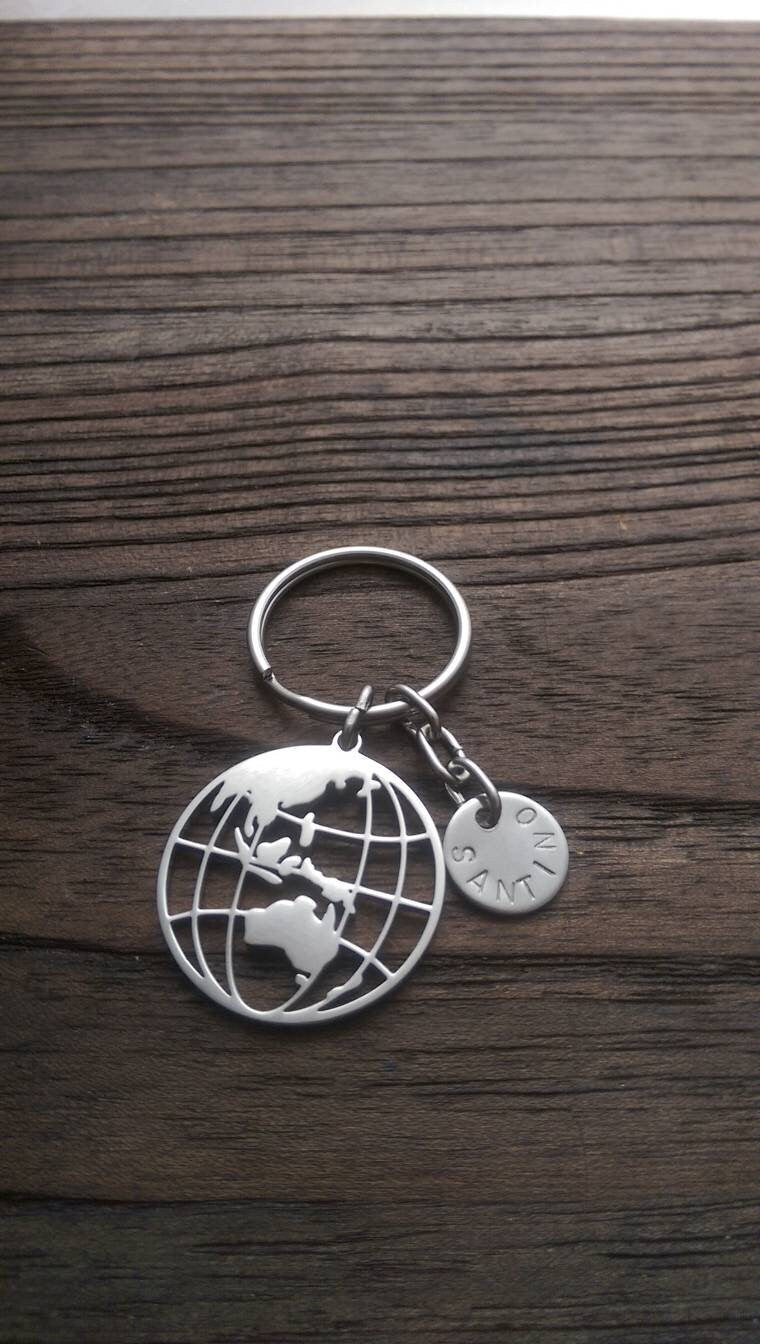 Globe Keyring Personalised Hand Stamped, Stainless Steel Charm Key Ring, Fathers Day Gift, Journey Gift, Adventurer Gift