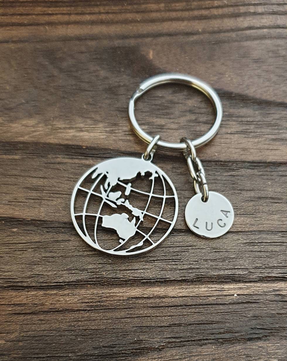 Globe Keyring Personalised Hand Stamped, Stainless Steel Charm Key Ring, Fathers Day Gift, Journey Gift, Adventurer Gift