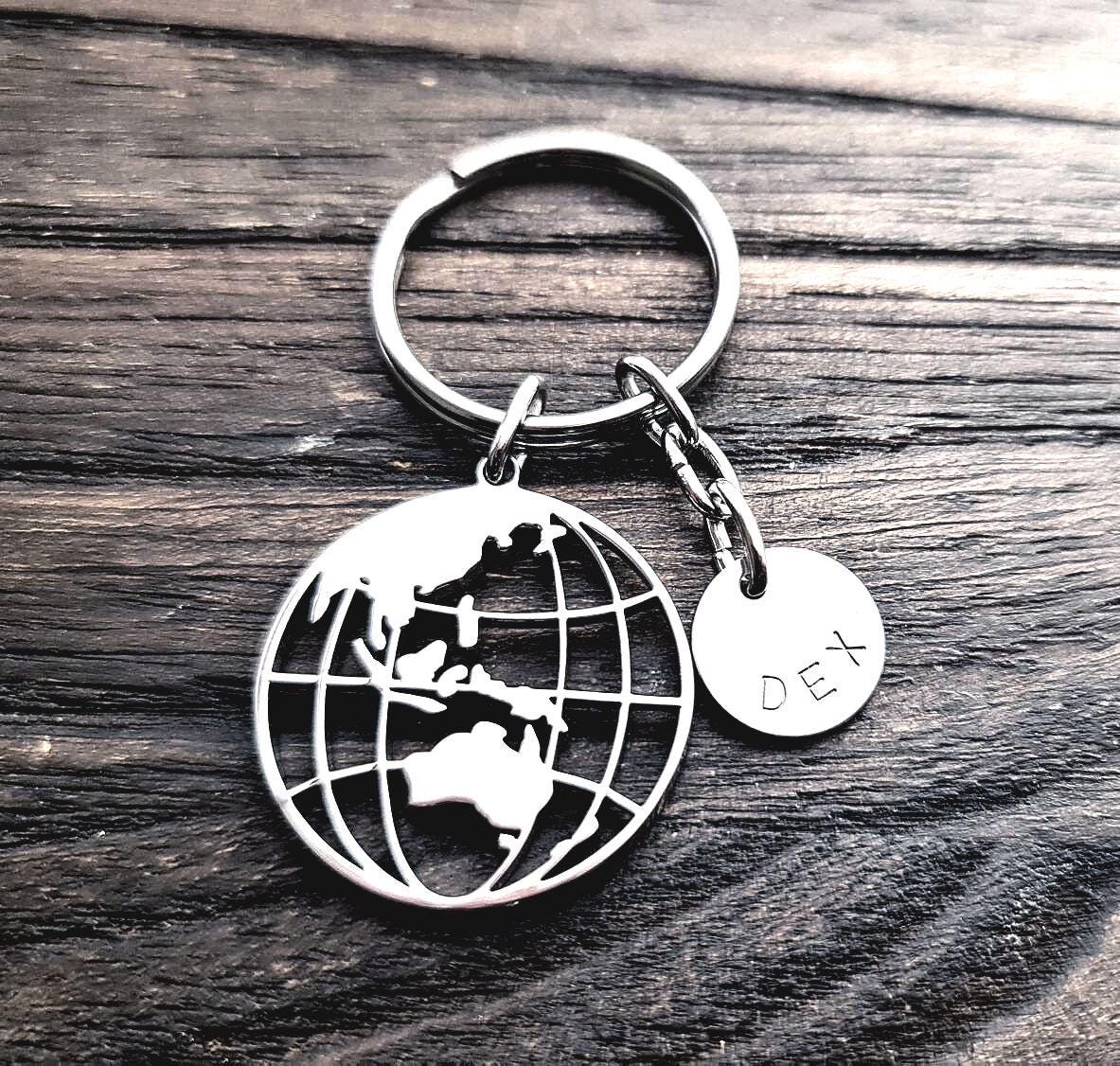 Globe Keyring Personalised Hand Stamped, Stainless Steel Charm Key Ring, Fathers Day Gift, Journey Gift, Adventurer Gift