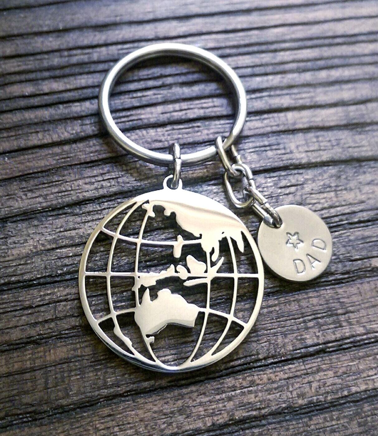 Globe Keyring Personalised Hand Stamped, Stainless Steel Charm Key Ring, Fathers Day Gift, Journey Gift, Adventurer Gift