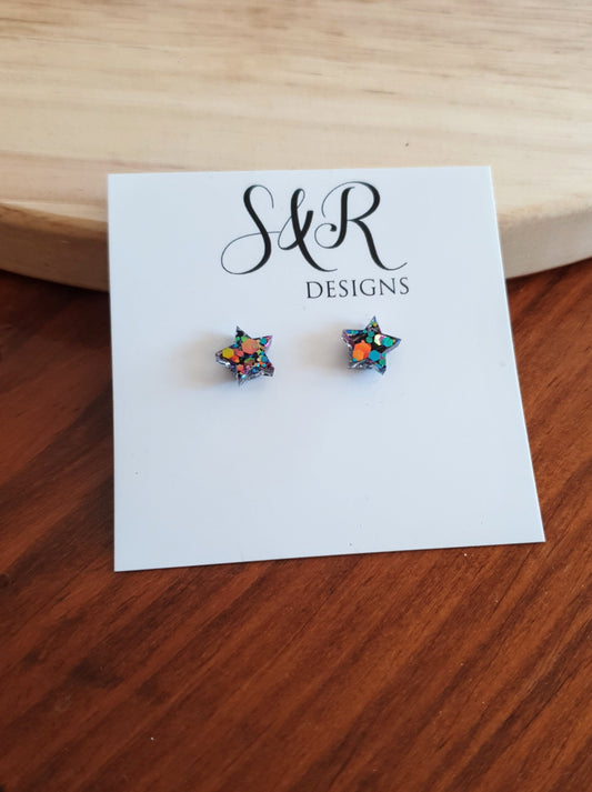 Kaleidoscope Star Resin Stud Earrings, Black, Blue, Pink,Teal, Orange, Yellow Mix, Stainless Steel Minimalist Stud Earrings. Celestrial Gift
