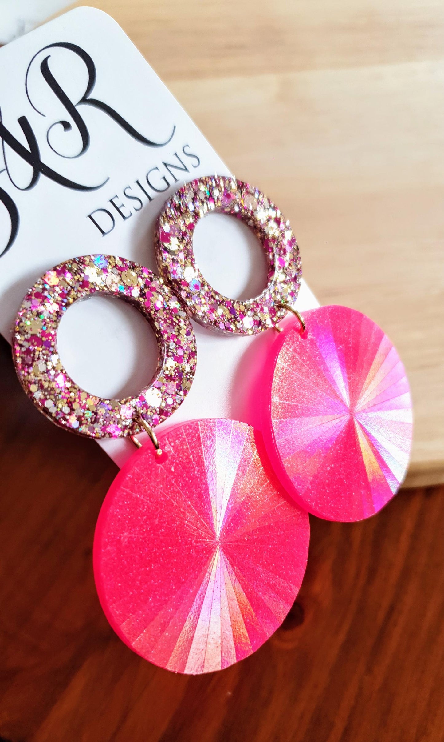 Pink Circle Dangle Earrings, Holographic Shimmer Mix Glitter, Long Hoop Dangle, lightweight Statement Earrings, Stainless Steel Hypoallergen