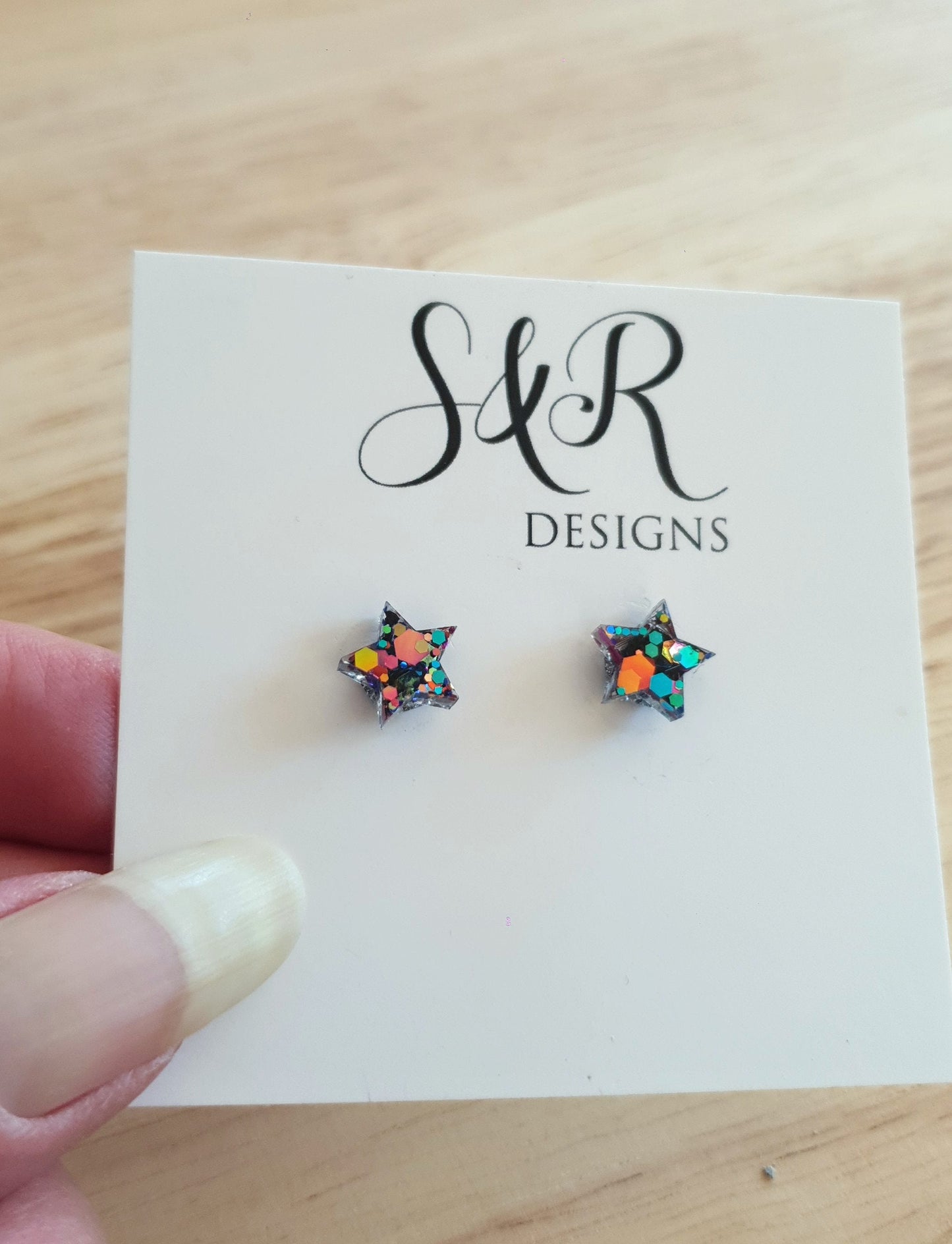 Kaleidoscope Star Resin Stud Earrings, Black, Blue, Pink,Teal, Orange, Yellow Mix, Stainless Steel Minimalist Stud Earrings. Celestrial Gift