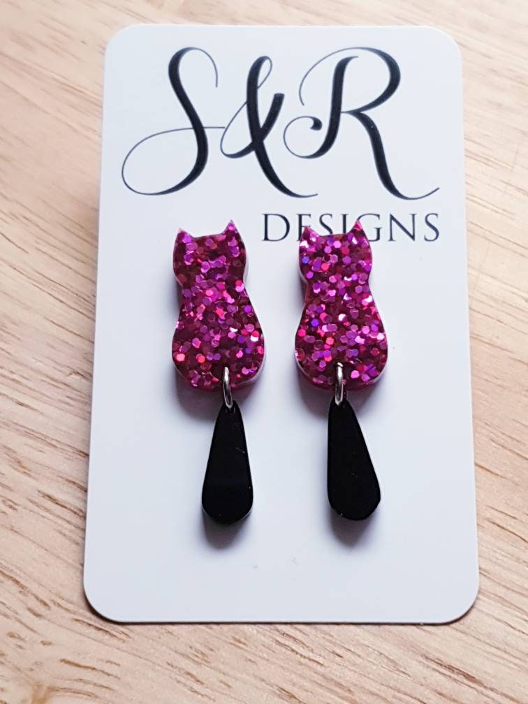 Pink Cat with Black Tail Long Dangle Earrings, Hot Pink Holographic Glitter Resin Earrings, Cat Earrings with Stainless Steel.
