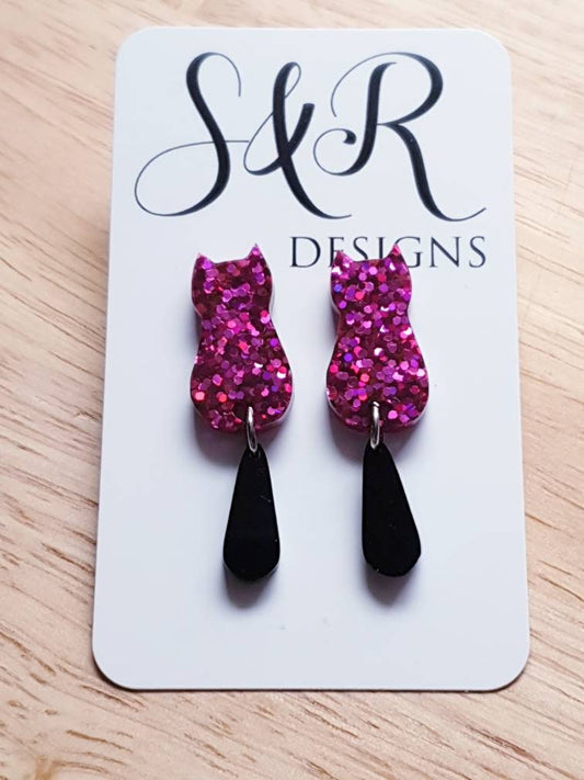 Pink Cat with Black Tail Long Dangle Earrings, Hot Pink Holographic Glitter Resin Earrings, Cat Earrings with Stainless Steel.