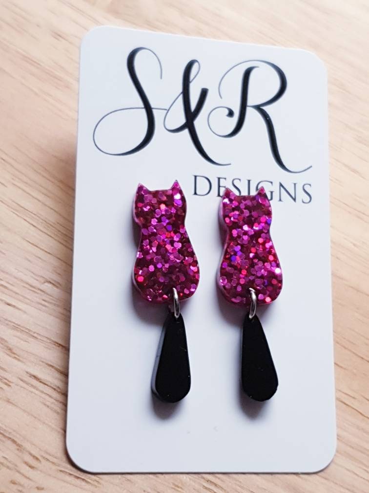 Pink Cat with Black Tail Long Dangle Earrings, Hot Pink Holographic Glitter Resin Earrings, Cat Earrings with Stainless Steel.