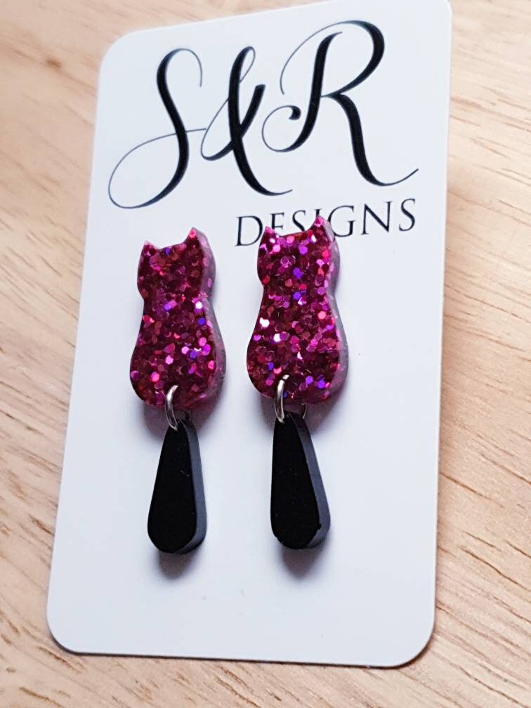 Pink Cat with Black Tail Long Dangle Earrings, Hot Pink Holographic Glitter Resin Earrings, Cat Earrings with Stainless Steel.