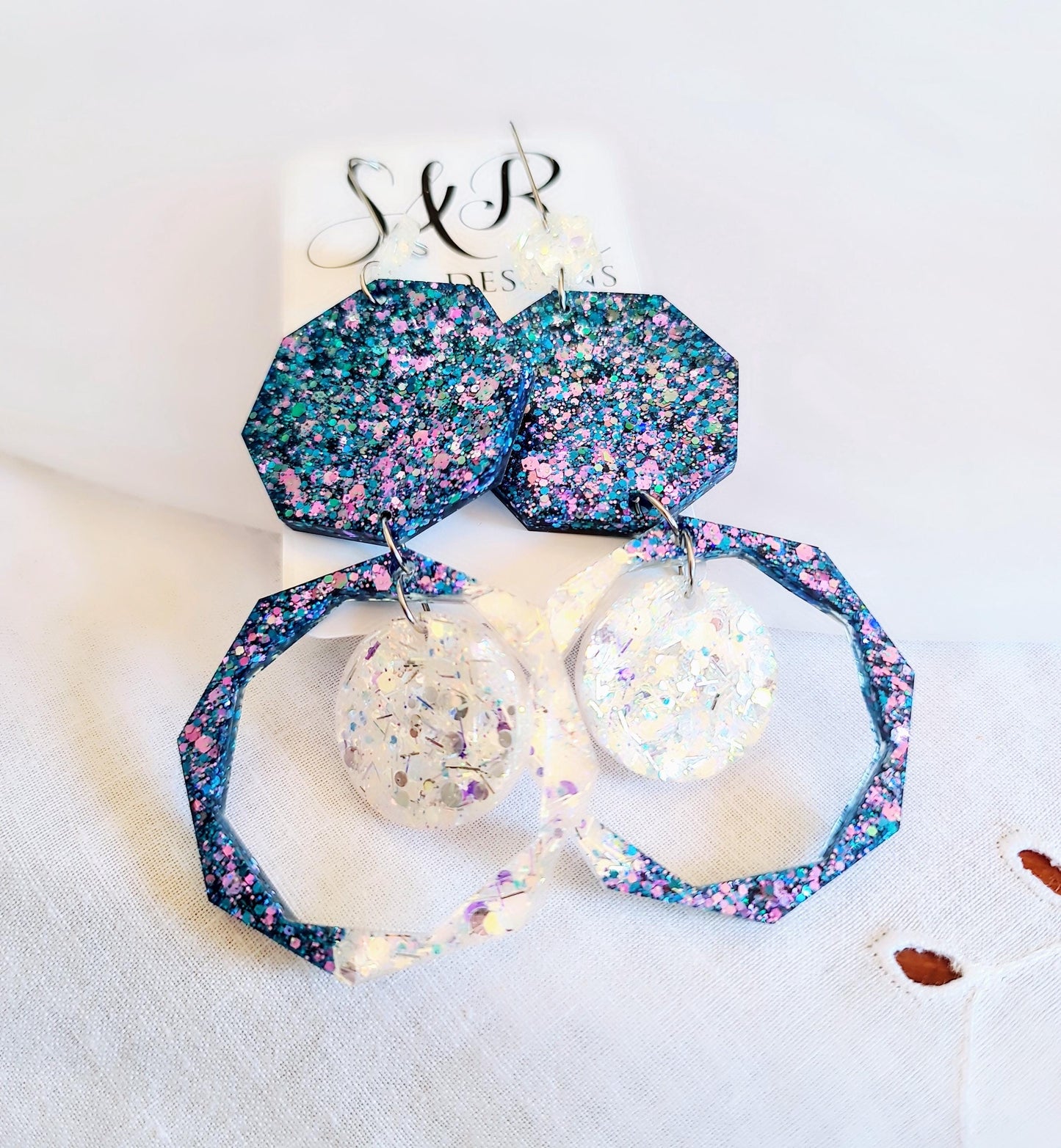 Luxury Long Resin Earrings, Hypoallergenic Stainless Steel Hooks, Glitter Geometric Statement Earrings, Bold Oversized Lightweight Jewellery