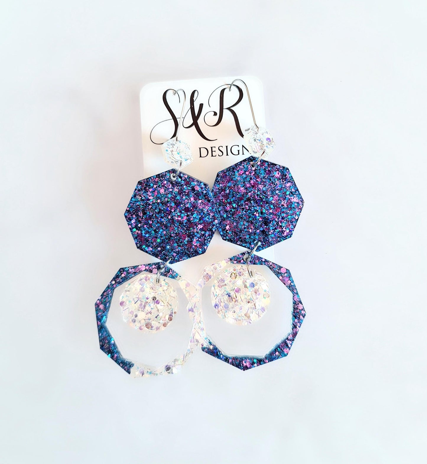 Luxury Long Resin Earrings, Hypoallergenic Stainless Steel Hooks, Glitter Geometric Statement Earrings, Bold Oversized Lightweight Jewellery