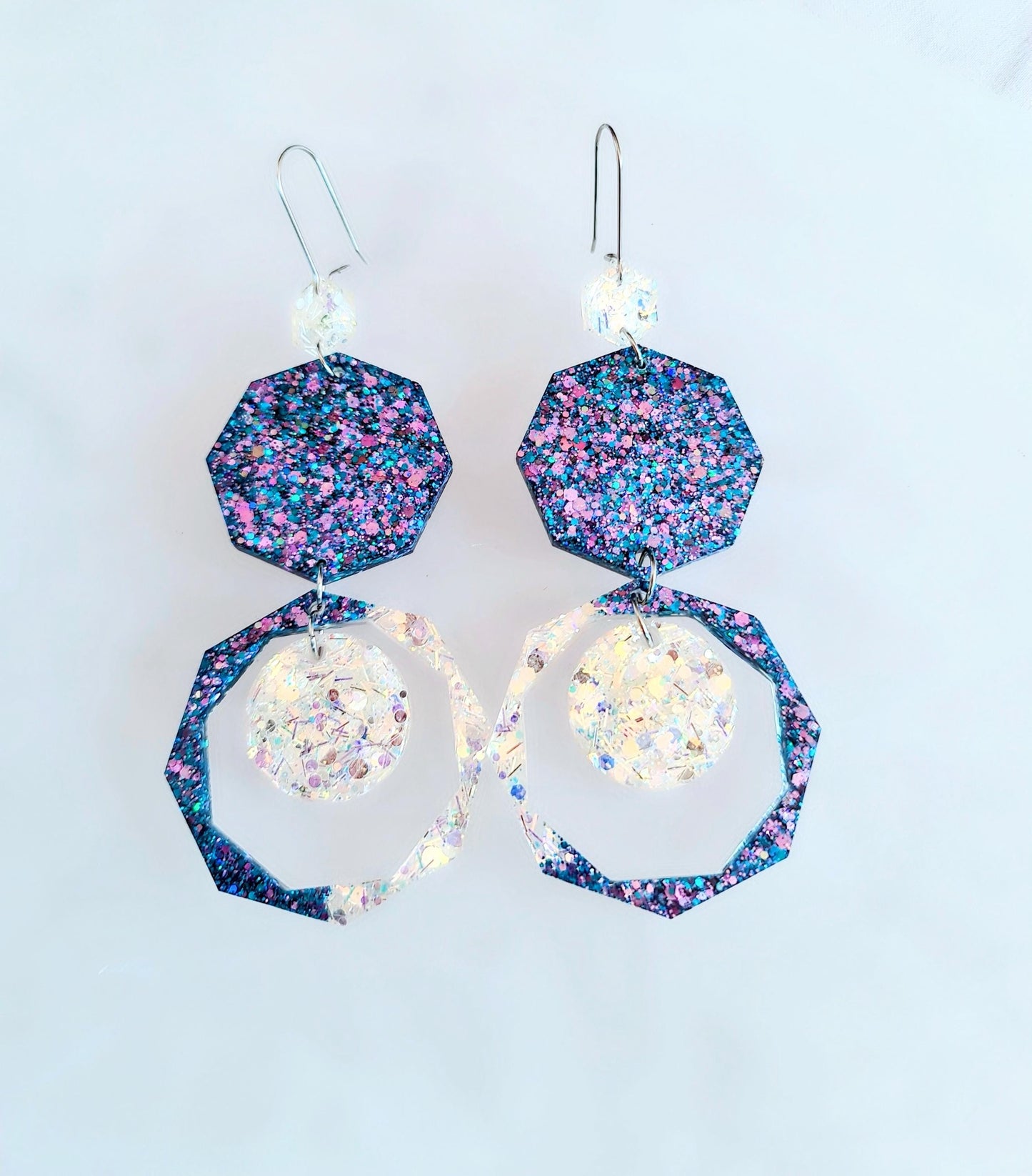 Luxury Long Resin Earrings, Hypoallergenic Stainless Steel Hooks, Glitter Geometric Statement Earrings, Bold Oversized Lightweight Jewellery