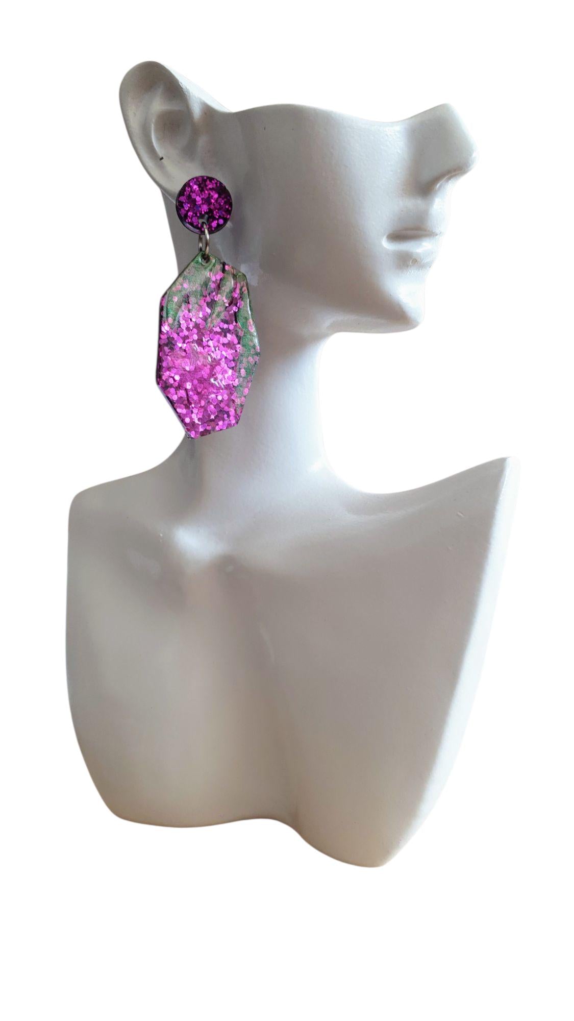 Purple Flower Bloom Drop Dangle Earrings, Purple Pink and Green Glitter, Resin Handmade, Stainless Steel. Nature Lover Gift