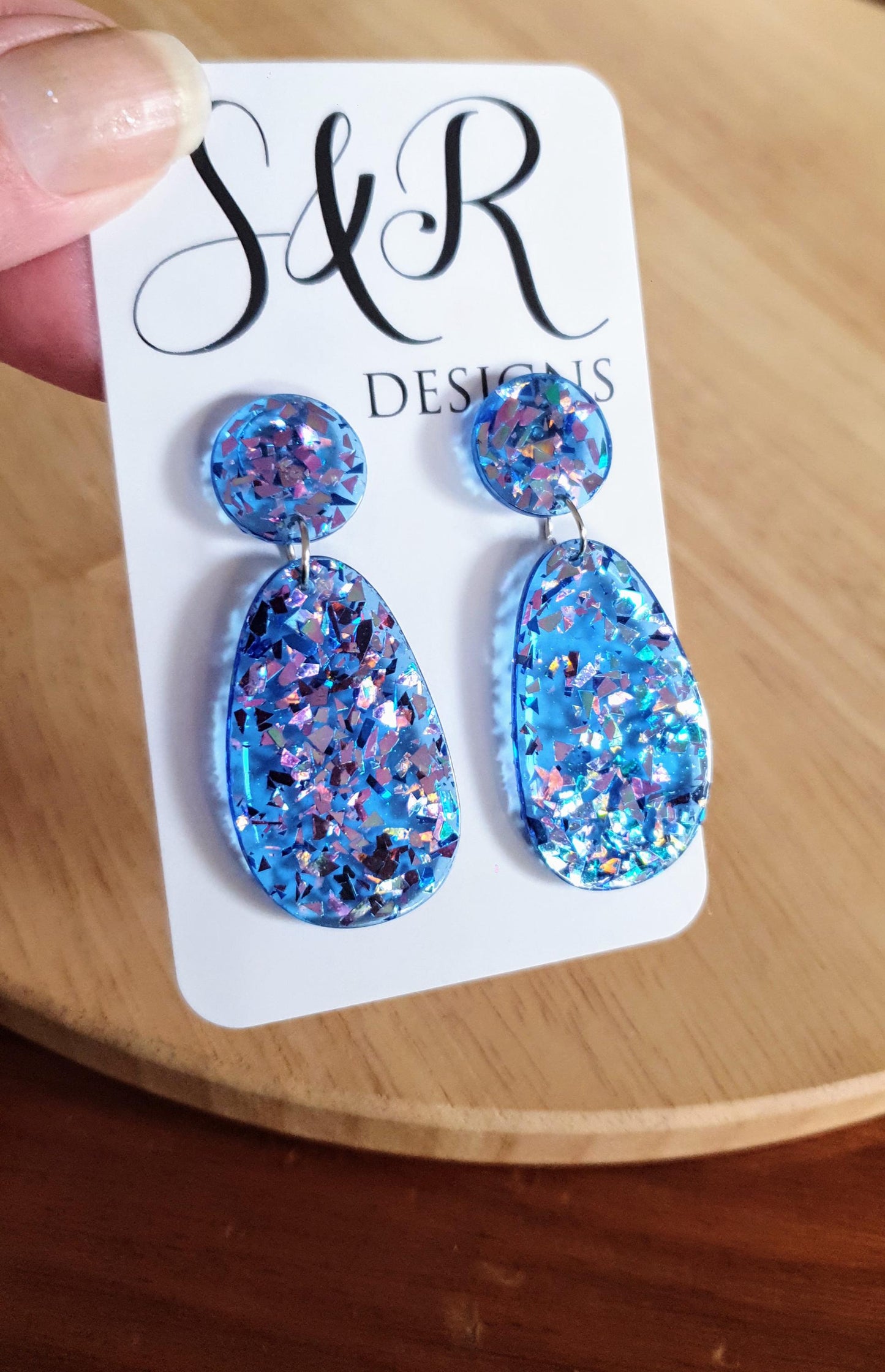 Oval Organic Shape Drop Glitter Earrings, Blue Pink Metalic Glitter, Resin Handmade, Stainless Steel. Statement Gift