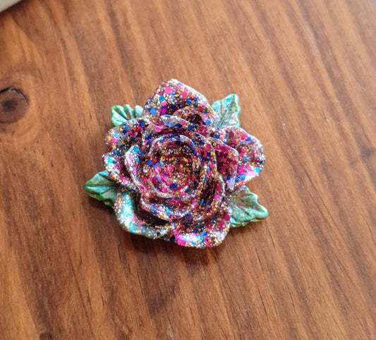 Multicoloured Rose Flower Brooch, Red Blue Mix Flower with Green Leaves Brooch with Stainless Steel Pin, Handmade Resin Brooch, Personalised