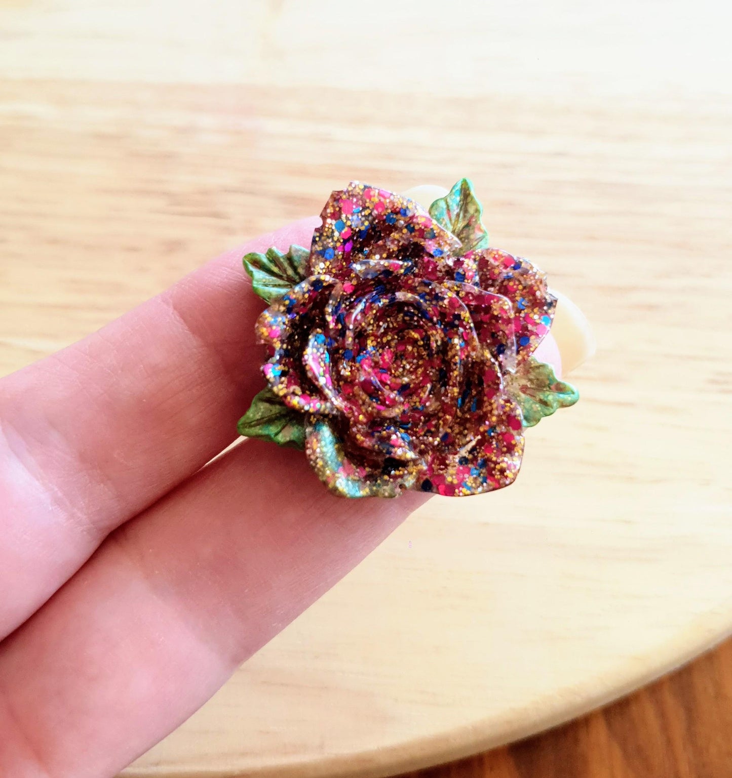 Multicoloured Rose Flower Brooch, Red Blue Mix Flower with Green Leaves Brooch with Stainless Steel Pin, Handmade Resin Brooch, Personalised