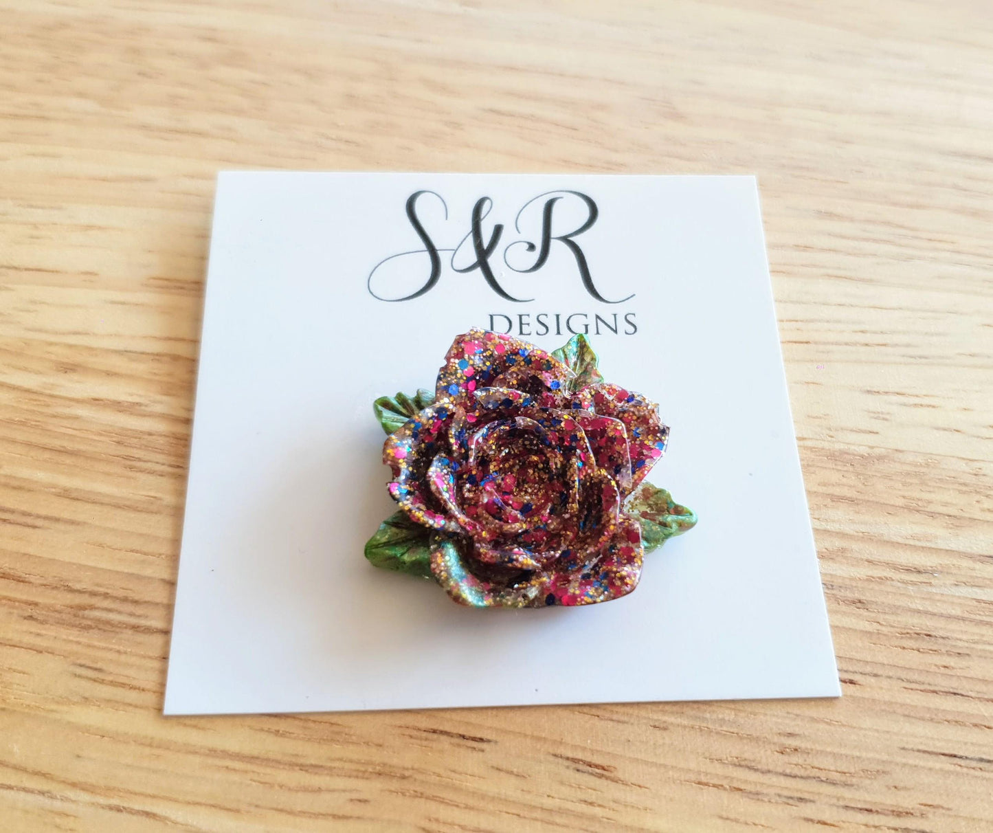 Multicoloured Rose Flower Brooch, Red Blue Mix Flower with Green Leaves Brooch with Stainless Steel Pin, Handmade Resin Brooch, Personalised