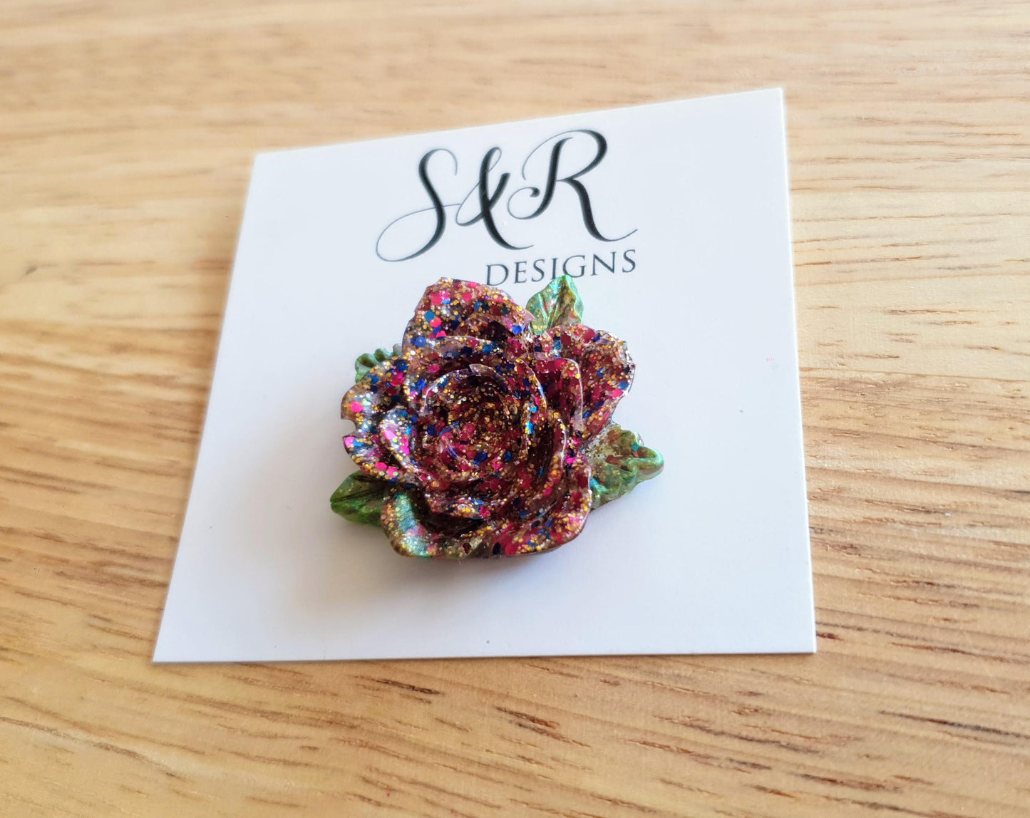 Multicoloured Rose Flower Brooch, Red Blue Mix Flower with Green Leaves Brooch with Stainless Steel Pin, Handmade Resin Brooch, Personalised