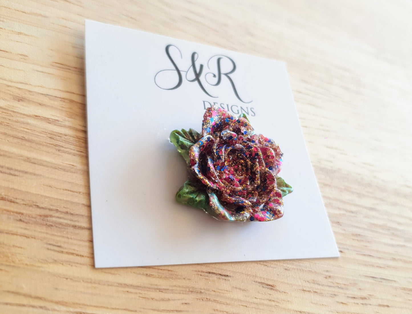 Multicoloured Rose Flower Brooch, Red Blue Mix Flower with Green Leaves Brooch with Stainless Steel Pin, Handmade Resin Brooch, Personalised