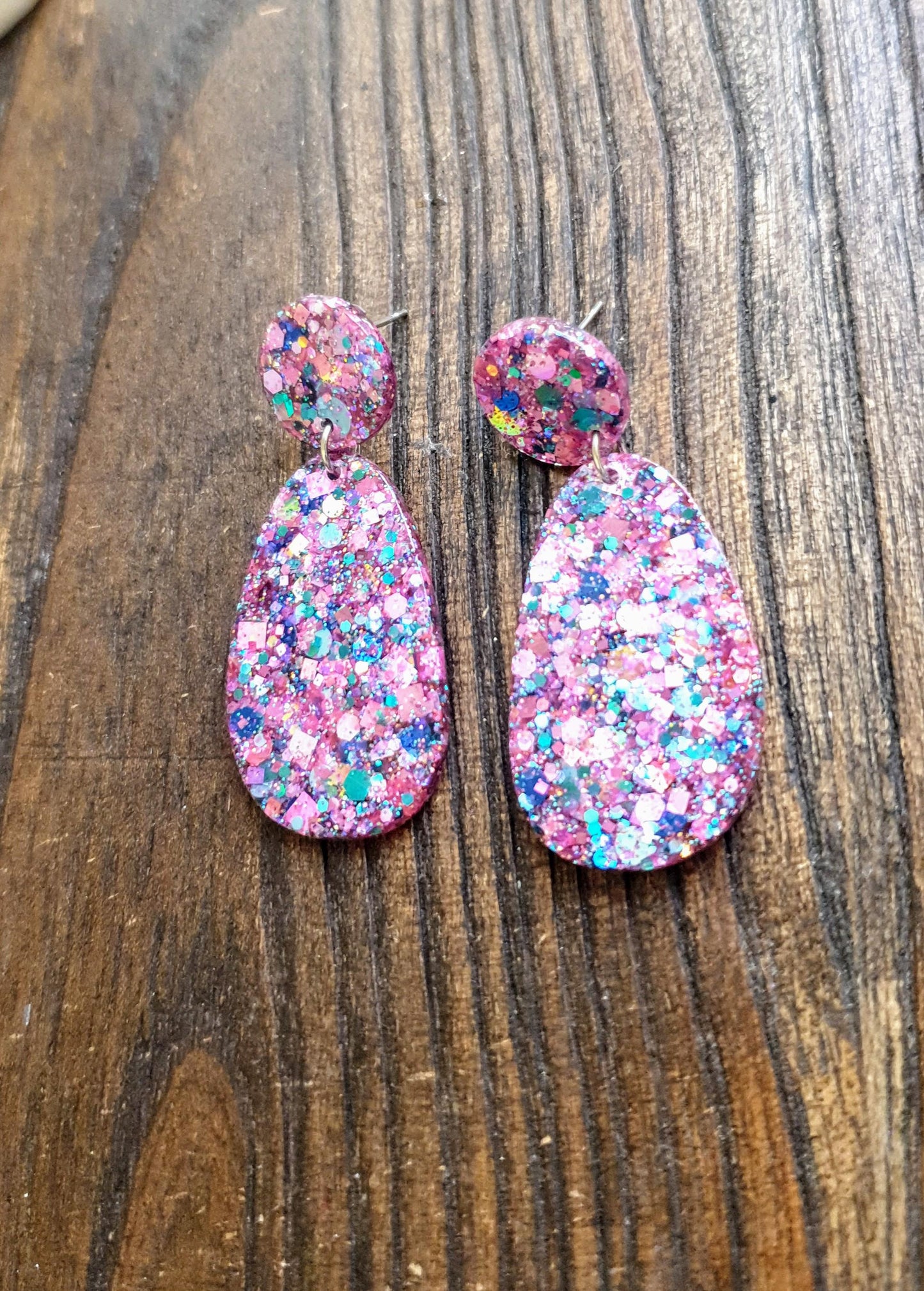 Oval Organic Shape Drop Glitter Earrings, Pink Blue Teal Mix Glitter, Resin Handmade, Stainless Steel. Statement Gift
