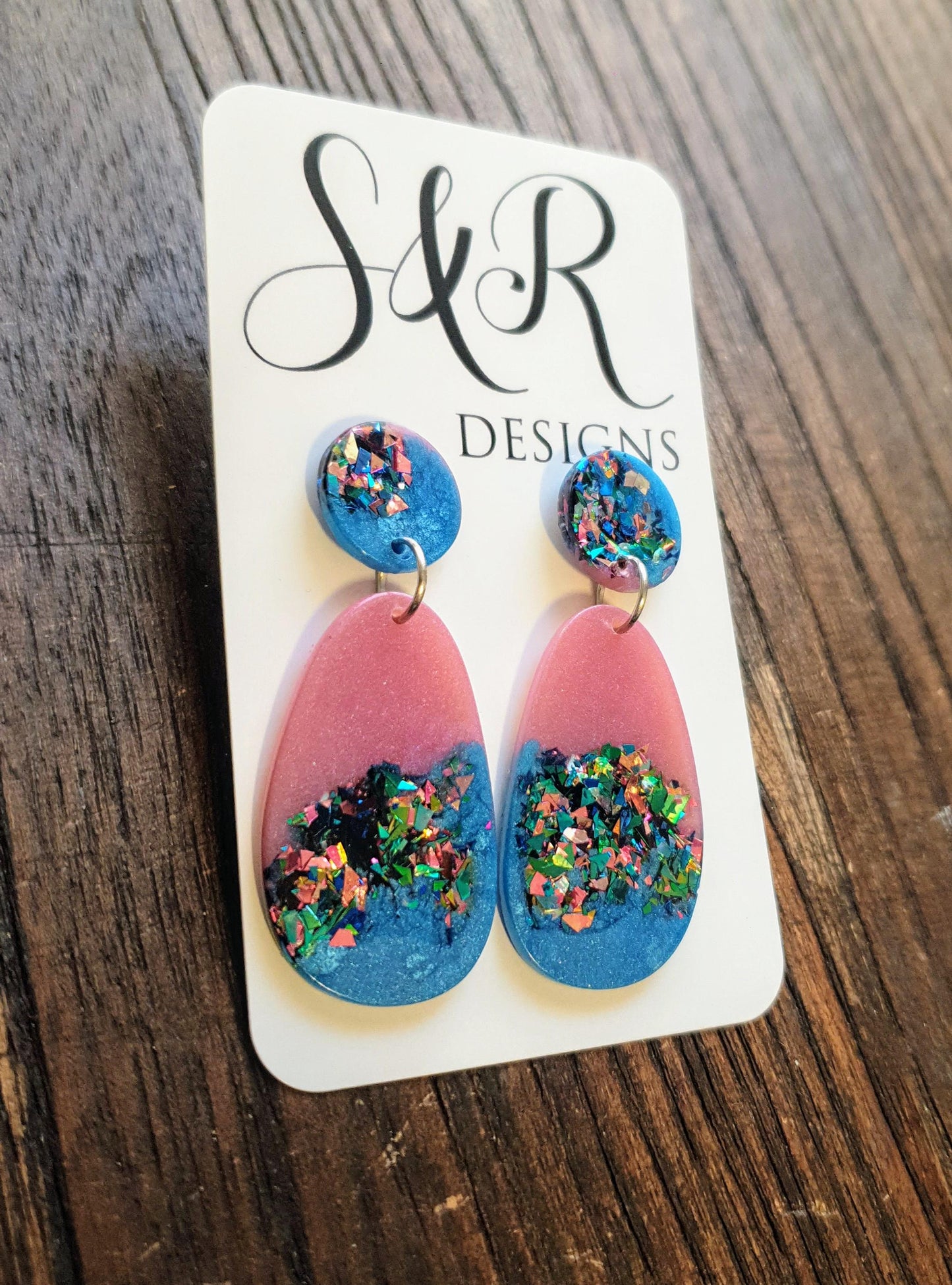 Sparkling Blue Multicoloured Organic Shape Drop Earrings, Green Blue Pink Teal Glitter, Resin Handmade, Stainless Steel. Earrings Gift