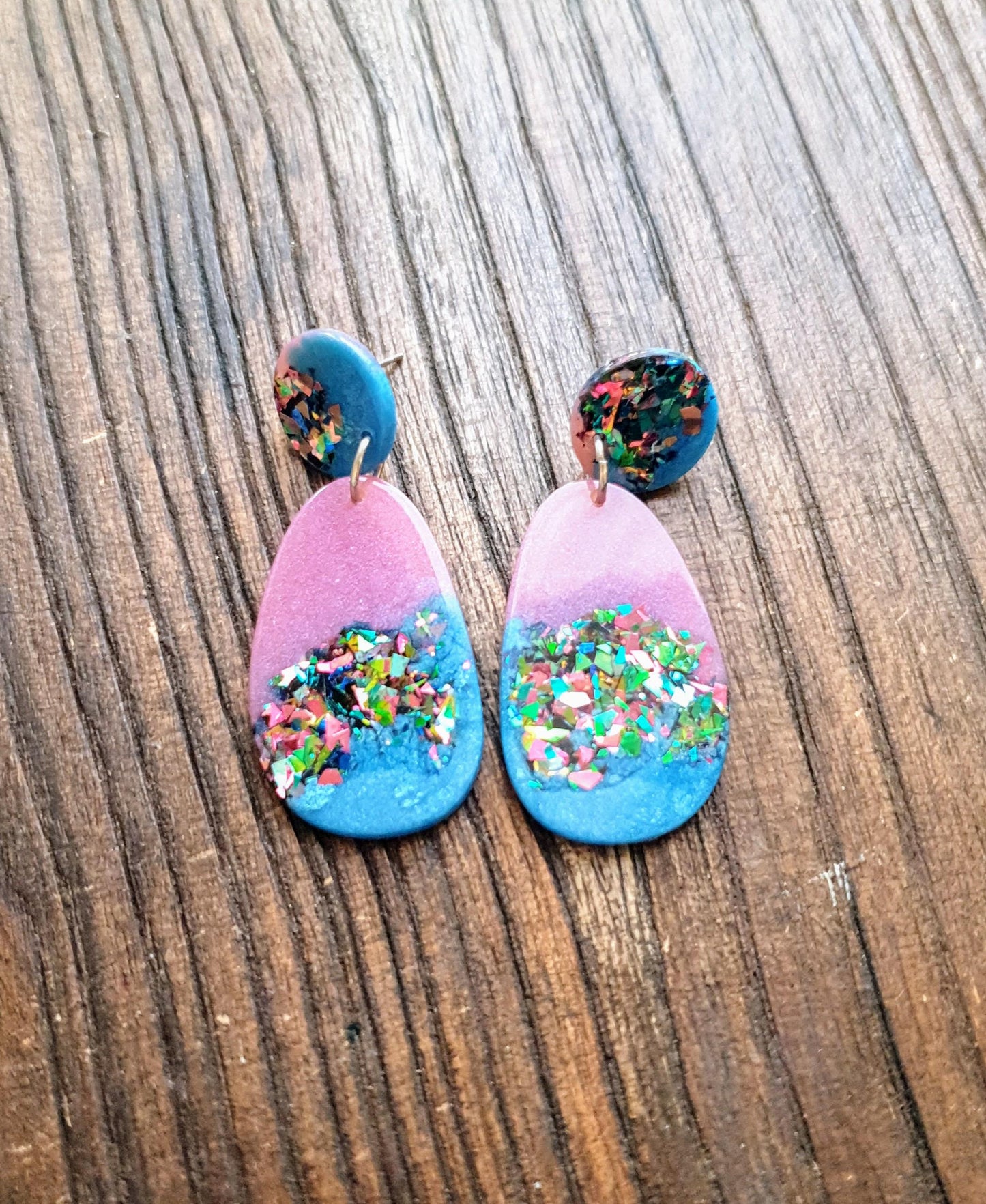 Sparkling Blue Multicoloured Organic Shape Drop Earrings, Green Blue Pink Teal Glitter, Resin Handmade, Stainless Steel. Earrings Gift