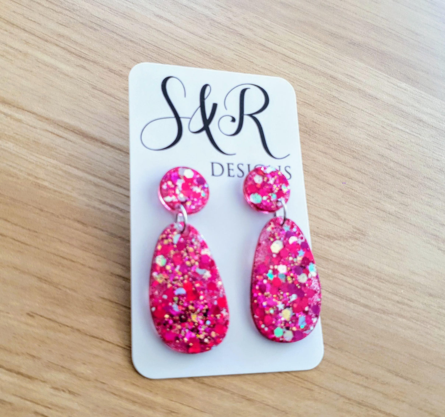 Oval Organic Shape Drop Glitter Earrings, Pink Silver and Gold Mix Glitter, Resin Handmade, Stainless Steel. Statement Gift