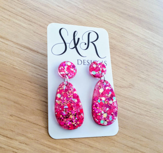 Oval Organic Shape Drop Glitter Earrings, Pink Silver and Gold Mix Glitter, Resin Handmade, Stainless Steel. Statement Gift