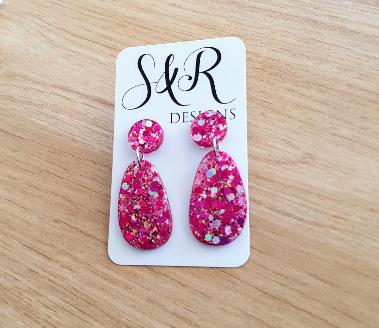Oval Organic Shape Drop Glitter Earrings, Pink Silver and Gold Mix Glitter, Resin Handmade, Stainless Steel. Statement Gift