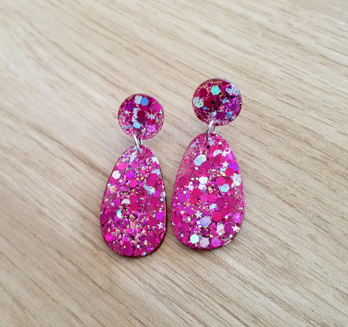 Oval Organic Shape Drop Glitter Earrings, Pink Silver and Gold Mix Glitter, Resin Handmade, Stainless Steel. Statement Gift