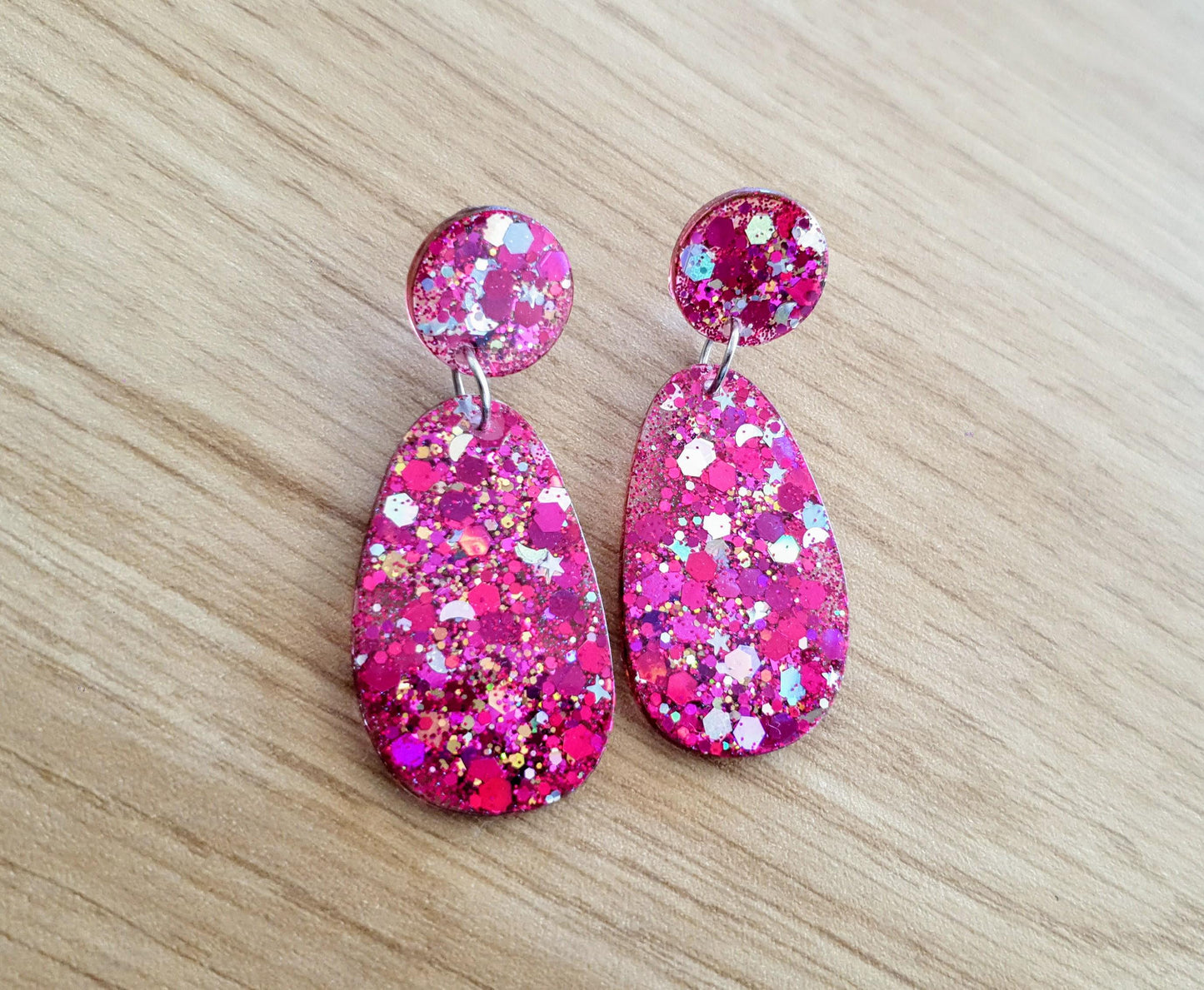Oval Organic Shape Drop Glitter Earrings, Pink Silver and Gold Mix Glitter, Resin Handmade, Stainless Steel. Statement Gift