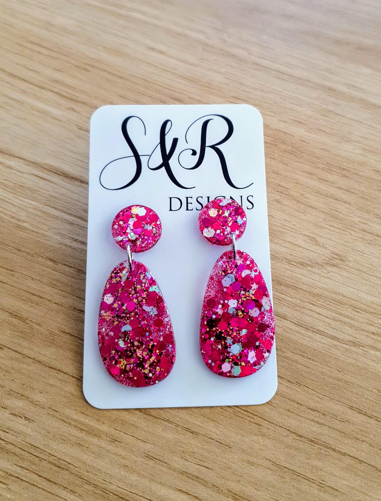Oval Organic Shape Drop Glitter Earrings, Pink Silver and Gold Mix Glitter, Resin Handmade, Stainless Steel. Statement Gift