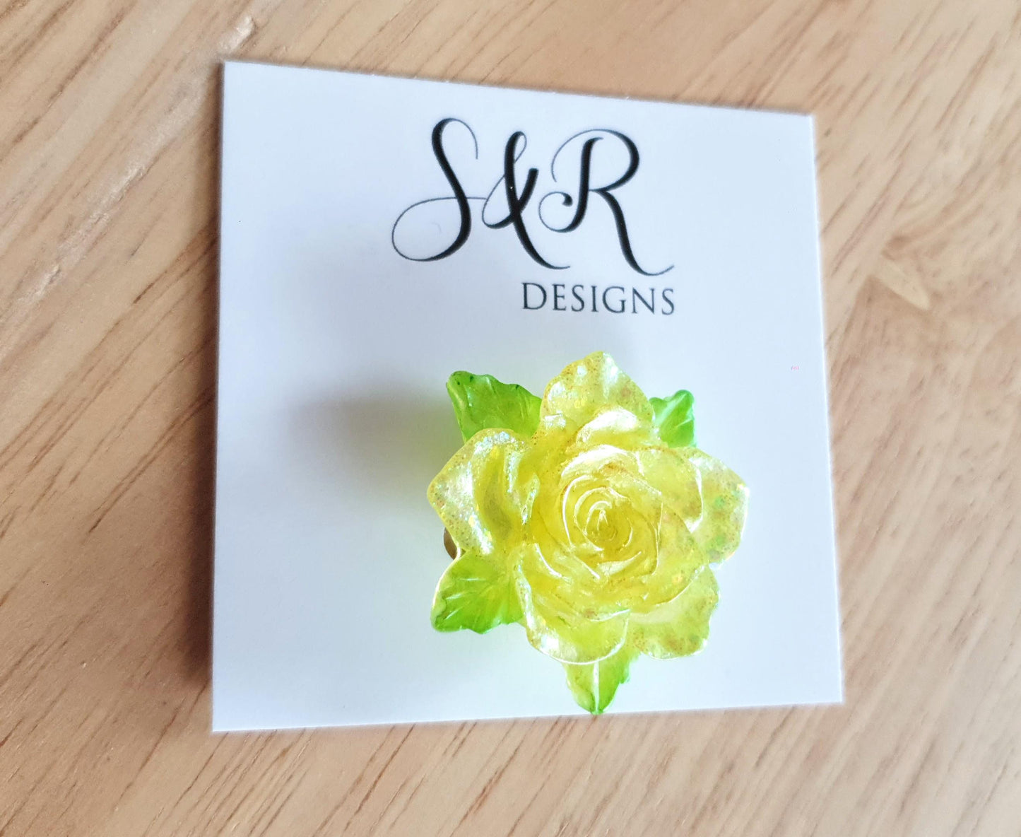Yellow Rose Flower Brooch, Light Yellow Flower with Green Leaves Brooch with Stainless Steel Pin, Handmade Resin Brooch, Personalised Brooch