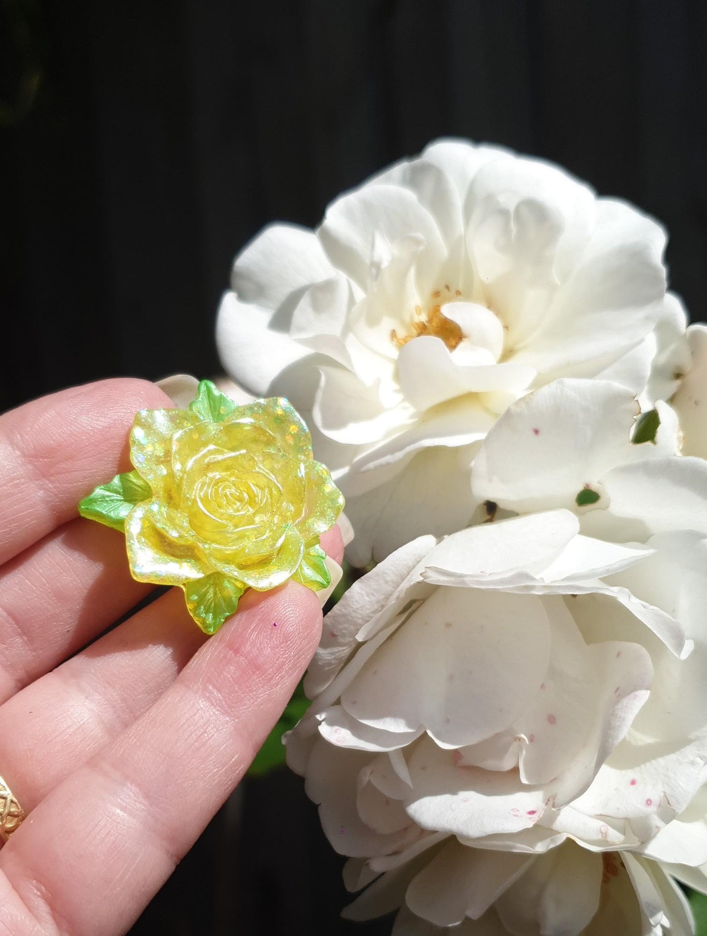 Yellow Rose Flower Brooch, Light Yellow Flower with Green Leaves Brooch with Stainless Steel Pin, Handmade Resin Brooch, Personalised Brooch