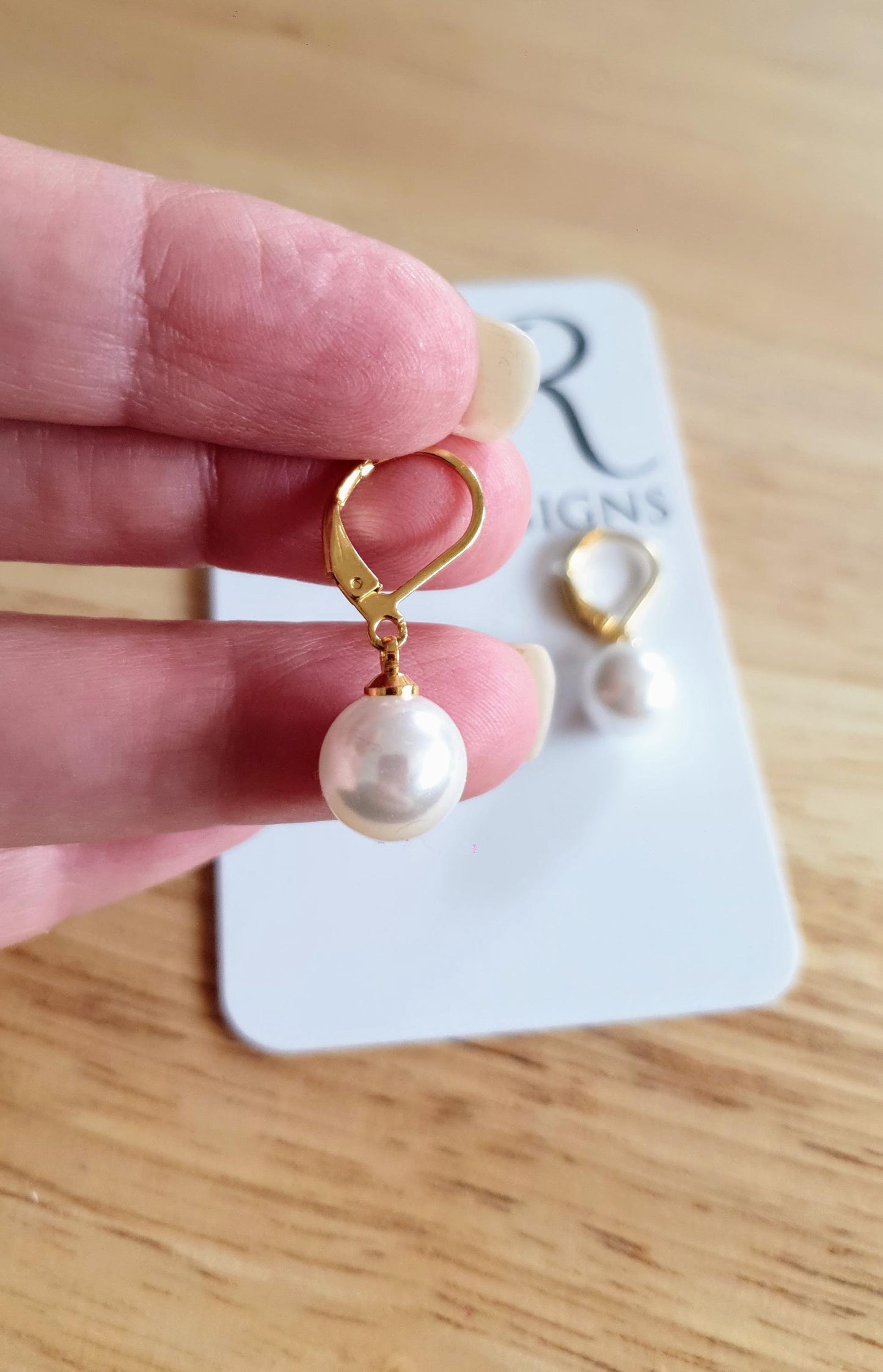 Gold Faux Pearl Leverback Earrings, Stainless Steel Statement Dangle Drop Minimalist Earrings. Pearl Drops.