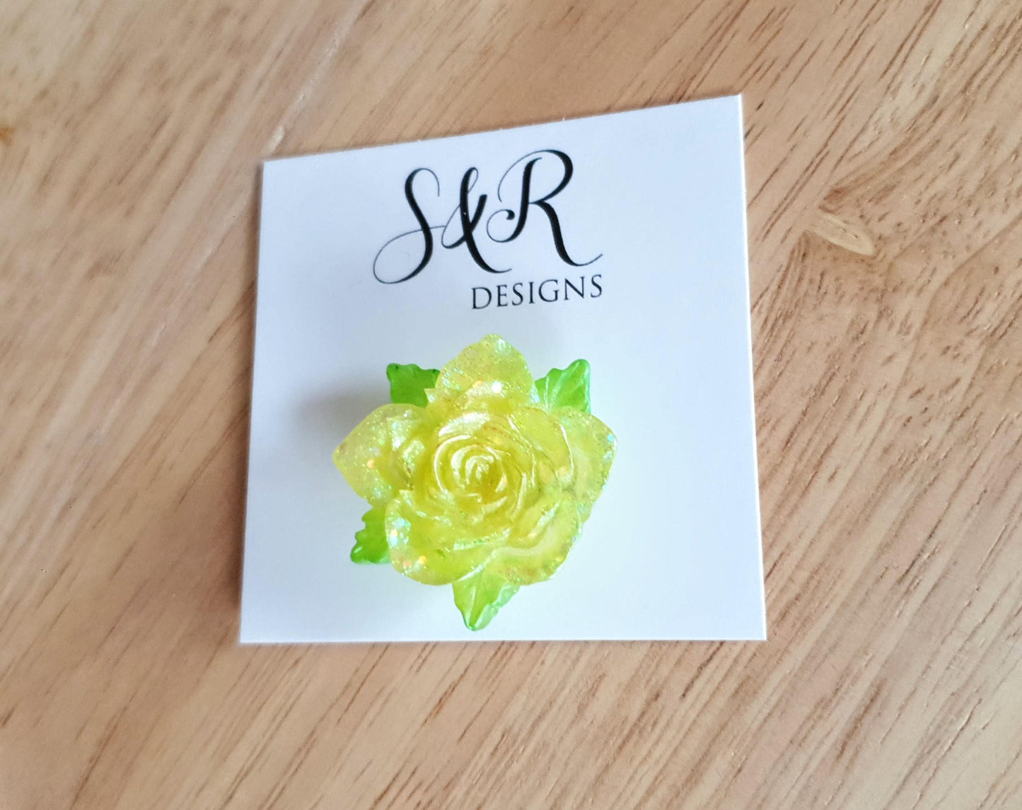 Yellow Rose Flower Brooch, Light Yellow Flower with Green Leaves Brooch with Stainless Steel Pin, Handmade Resin Brooch, Personalised Brooch